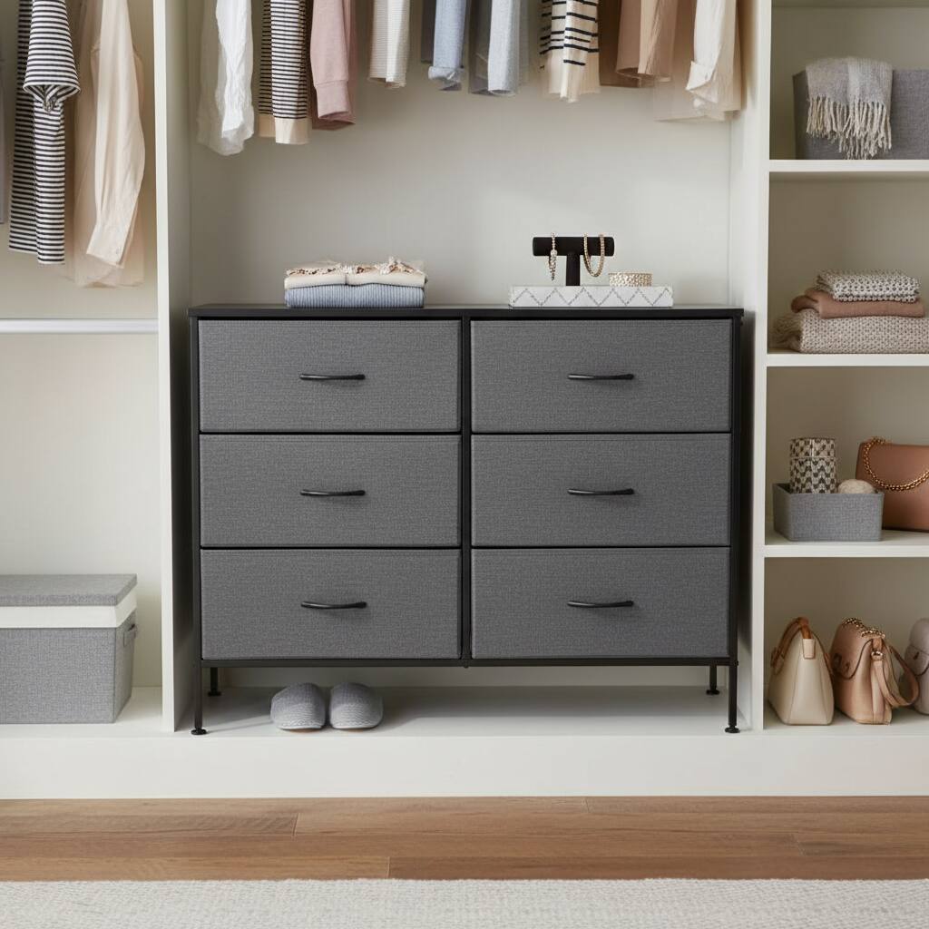 Alt View 2. AOITUN - Wide 6-Drawer Fabric Dresser, Gray Horizontal Storage Chest with Wood Top, Closet Organizer for Bedroom - Gray.