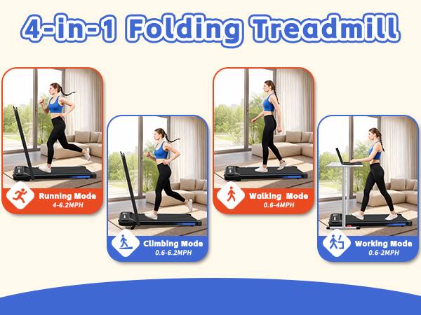 4-in-1 Folding Treadmill

- Running Mode: 4-6.2MPH
- Walking Mode: 0.6-4MPH
- Climbing Mode: 0.6-6.2MPH
- Working Mode: 0.6-2MPH