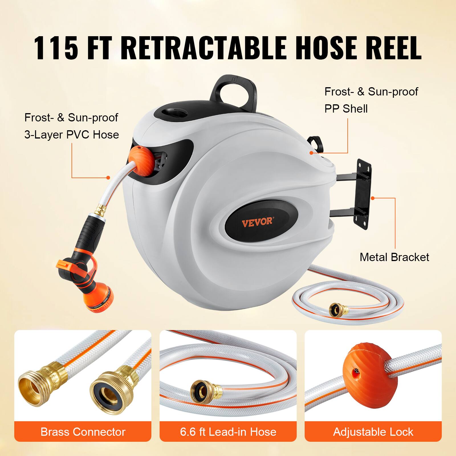 115 FT RETRACTABLE HOSE REEL, Frost- & Sun-proof 3-Layer PVC Hose, Frost- & Sun-proof PP Shell, Metal Bracket, Brass Connector, 6.6 ft Lead-in Hose, Adjustable Lock