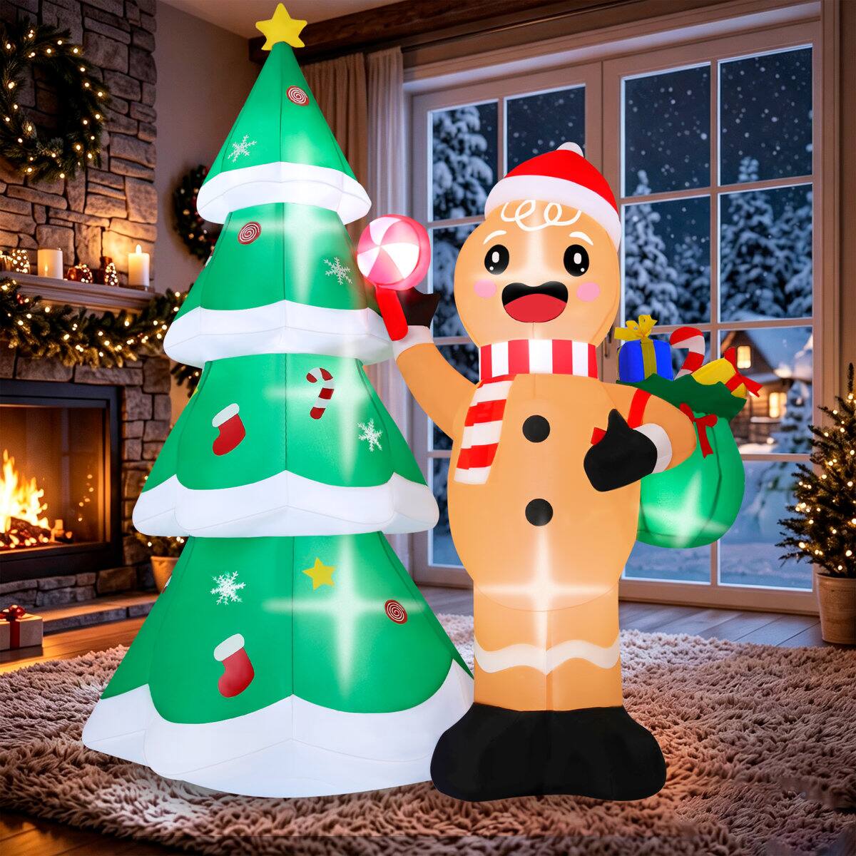 Left. Wisairt - 6FT Christmas Inflatable Gingerbread Man and Christmas tree Outdoor Yard Decoration with Built-in LED lihgts - Green|White|Red.
