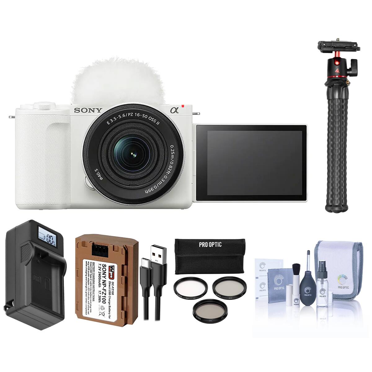 Bundle - Sony - Alpha ZV-E10 II Camera w/16-50mm Lens,White,w/Battery,Tripod,FilterKit