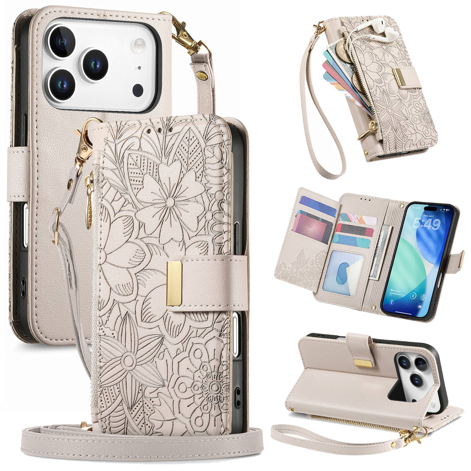 UUCOVER - For Apple iPhone 18 Pro Max Floral Crossbody Zipper Wallet Folio Case with Card Slots, Kickstand & Shoulder Wrist Strap - Beige