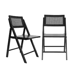 Emma + Oliver - Thomas Set of 2 Cane Rattan Folding Chairs with Solid Wood Frames and Seats and Breathable Woven Rattan Backrest - Black