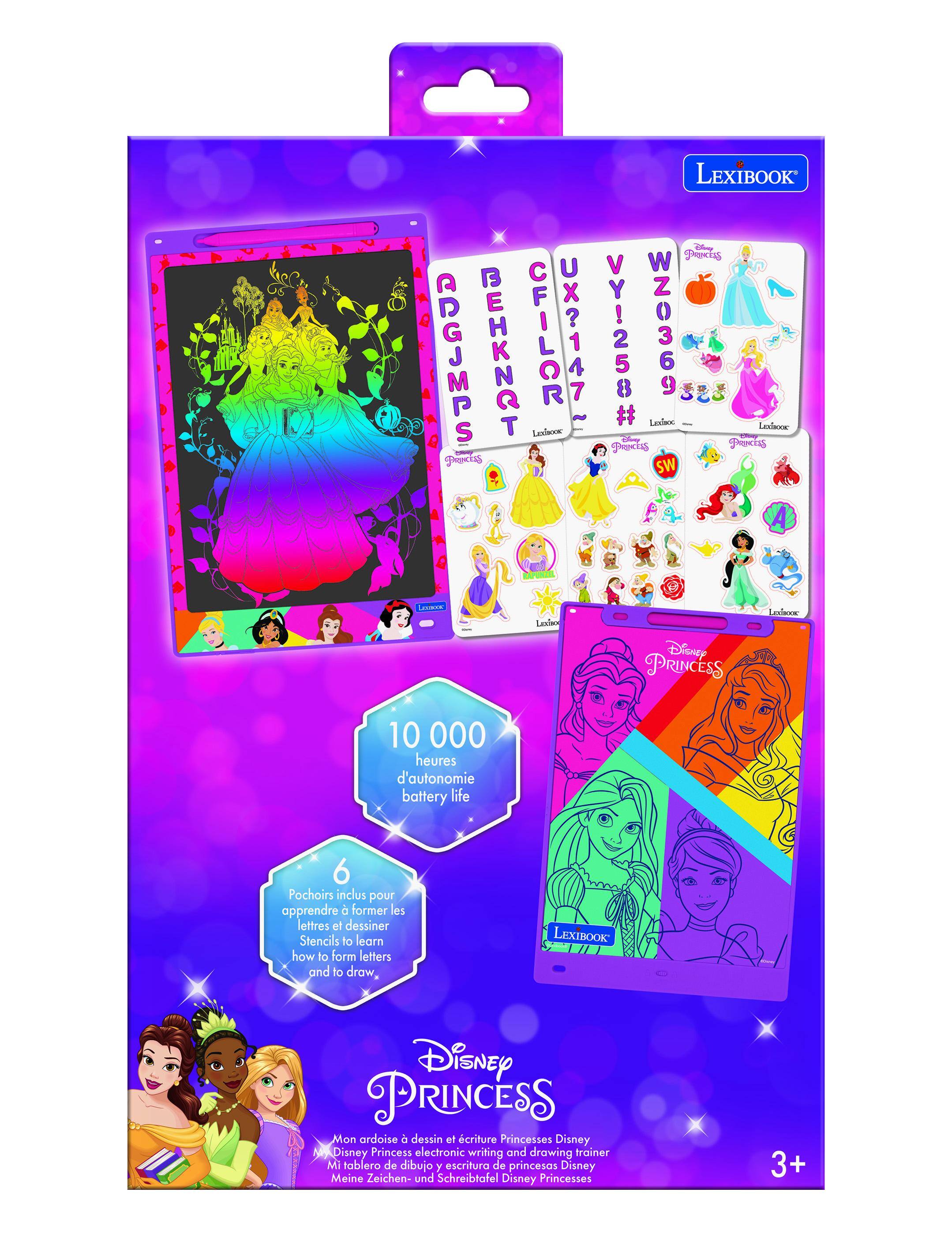 LEXIBOOK Disney PRINCESS  
Mon ardoise dessin et écriture Princesses Disney  
LexiBook Disney Princess electronic writing and drawing trainer  
Mi tablero de dibujo y escritura de princesas Disney  
Meine Zeichen- und Schreibtafel Disney Princesses  
10 000 heures d'autonomie battery life  
6 Pochoirs inclus pour apprendre à former les lettres et dessiner  
Stencils to learn how to form letters and to draw  
3+