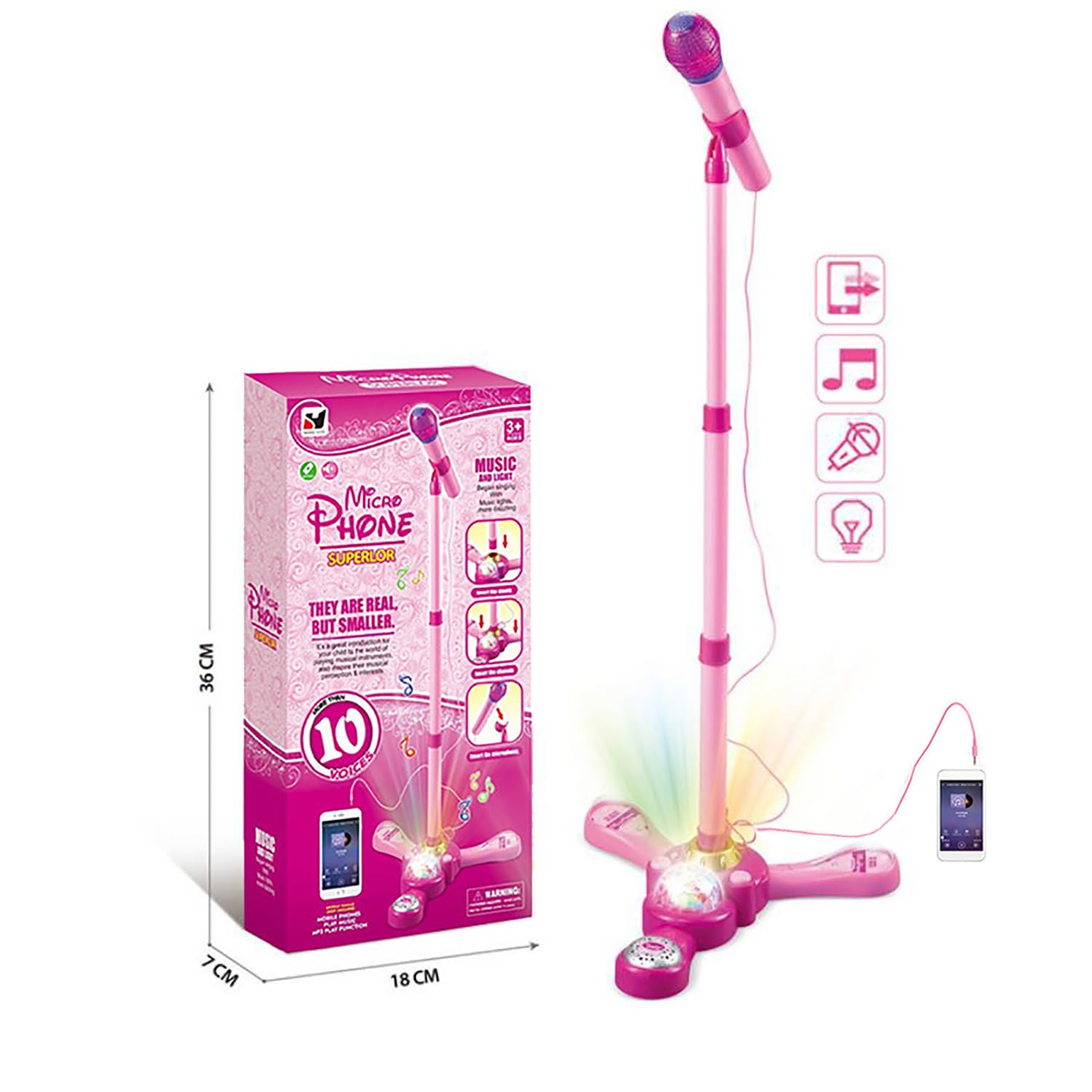 Sure, here is the corrected and grouped text from the image:

---

**Micro Phone**

- **MUSIC**  
  - Singing
  - Dancing
  - Playing music

- **SUPERLOR**

- **THEY ARE REAL, BUT SMALLER.**

- **10 POICES**

- **36 CM**

- **18 CM**

- **7 CM**

- **AGES 2+**

- **BATTERIES INCLUDED**

- **RATING**

---

This text is organized based on the information visible on the packaging and the product itself.