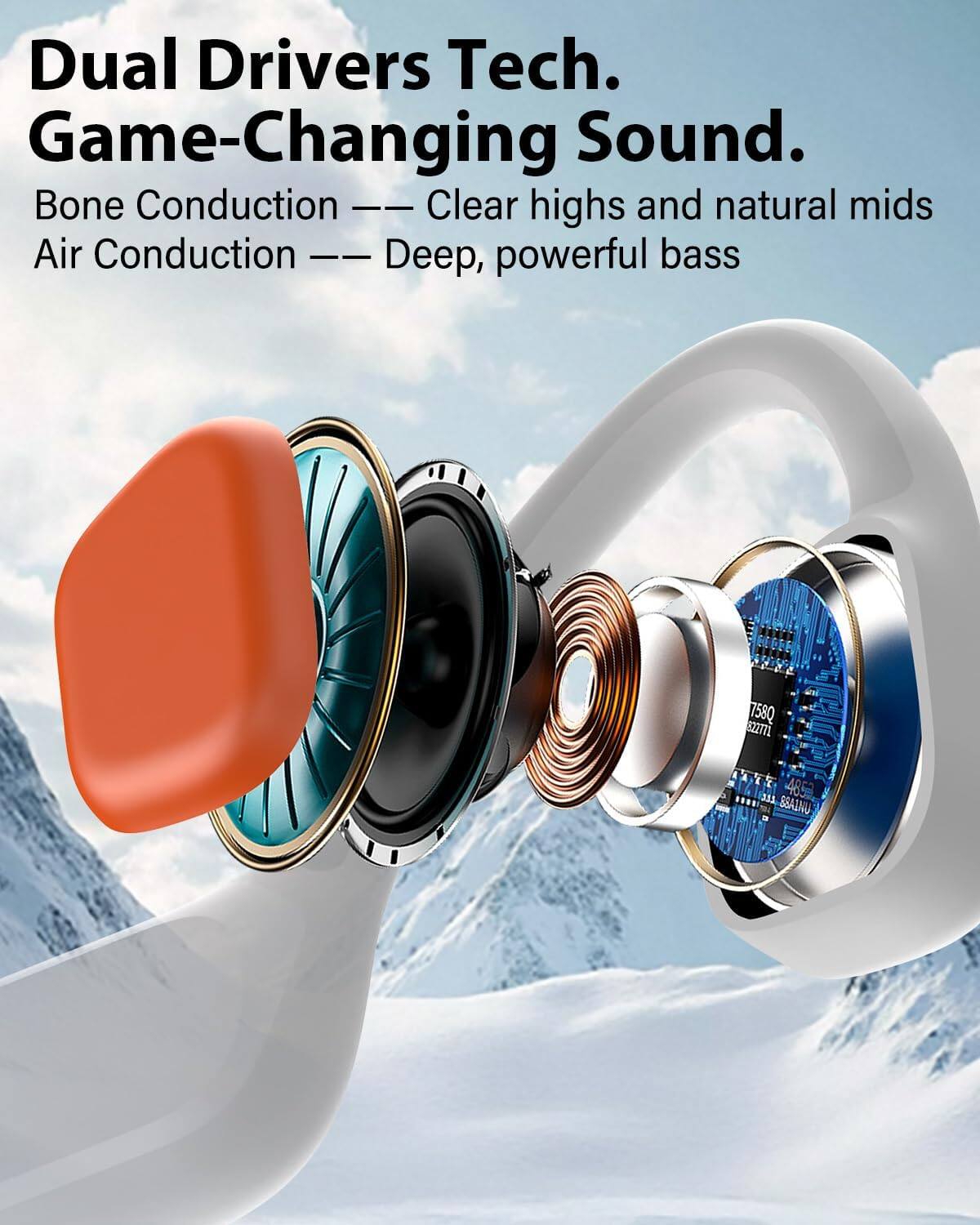 Dual Drivers Tech. Game-Changing Sound.  
Bone Conduction — Clear highs and natural mids  
Air Conduction — Deep, powerful bass