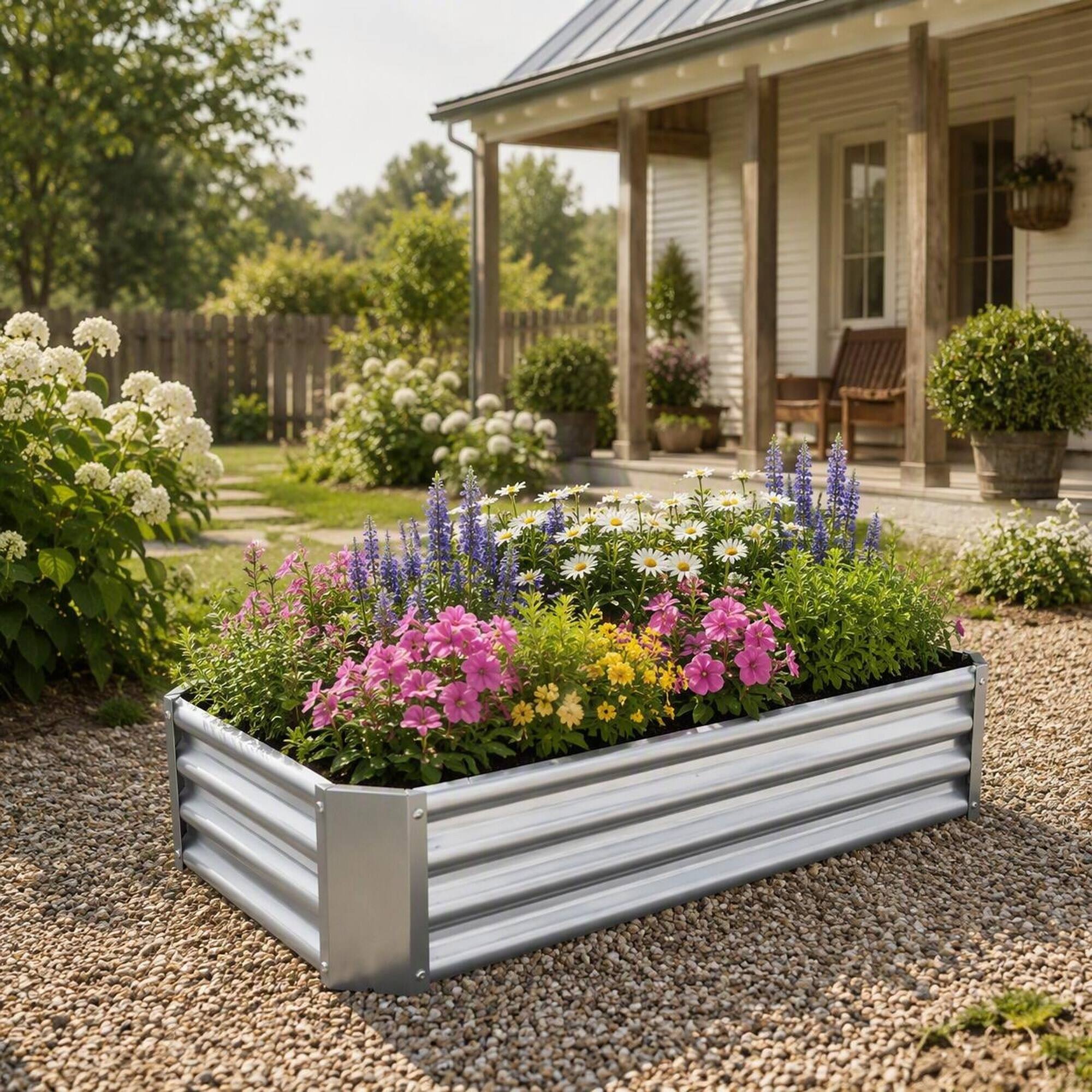 Back. RYHNUYNE - Raised Garden Bed 4x2x1ft Metal Planter Box Galvanized Steel for Vegetables Flowers Herb Silver - Silver.