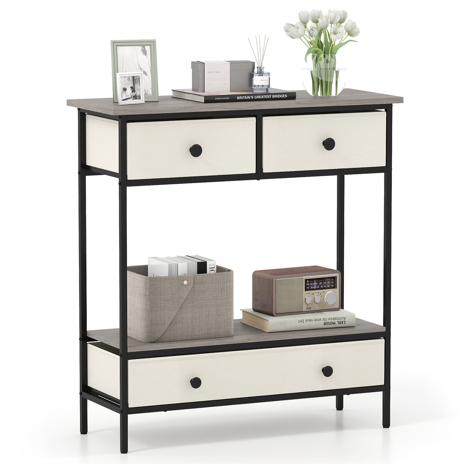 Gymax - Console Table w/ 3 Fabric Drawers 32'' Narrow Entryway Table w/Open Storage Shelf - Gray