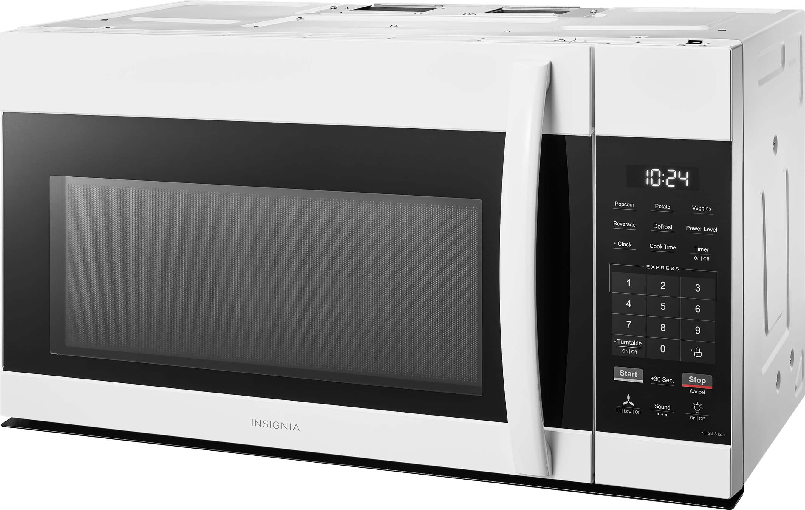 10:24
Popcorn Potato Veggies Beverage Defrost Power Level Clock Cook Time Timer On/Off, H E S S 1 4 7 Turntable Cn Of 2 5 8 0 3 6 9 Start +30 Sec. Stop Cancel INSIGNIA - Low Oe Sound On on Hold D Bec