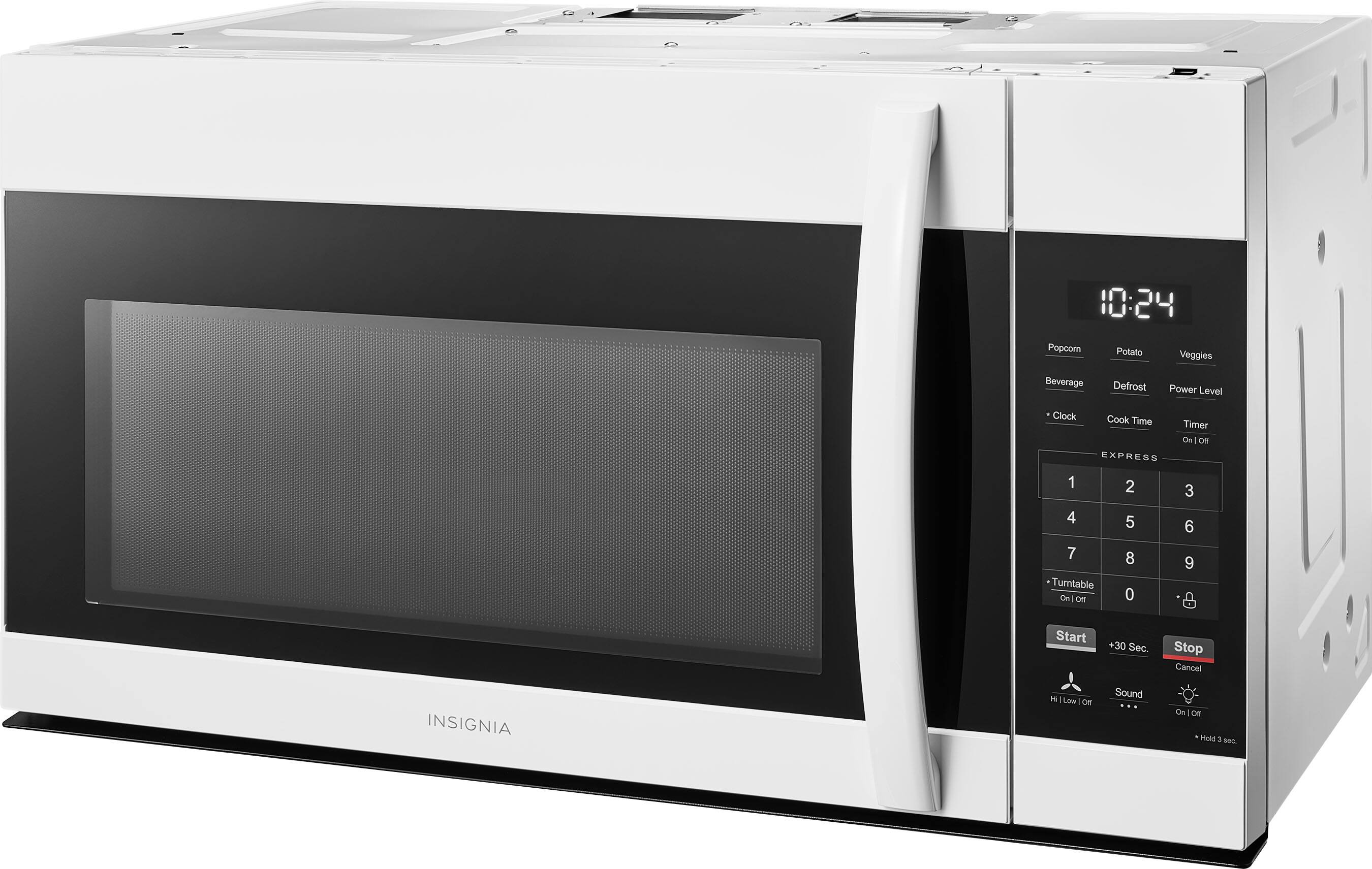 10:24  
Popcorn Potato Veggies Beverage Defrost Power Level Clock Cook Time Timer On/Off, H E S S 1 4 7 Turntable Cn Of 2 5 8 0 3 6 9 Start +30 Sec. Stop Cancel INSIGNIA - Low Oe Sound On on Hold D Bec