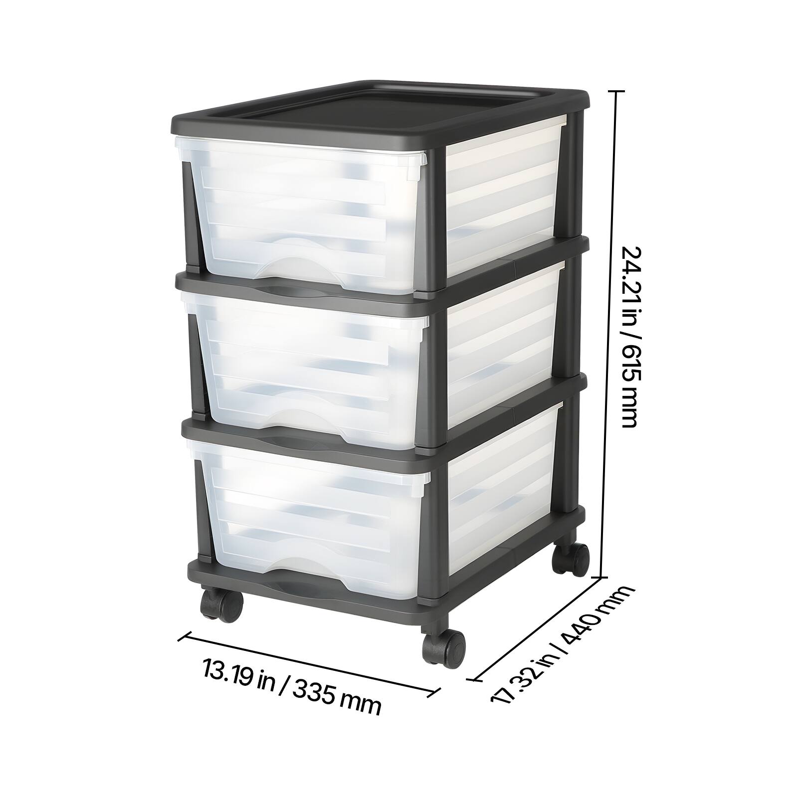 - Height: 24.21 in / 615 mm
- Width: 13.19 in / 335 mm
- Depth: 17.32 in / 440 mm