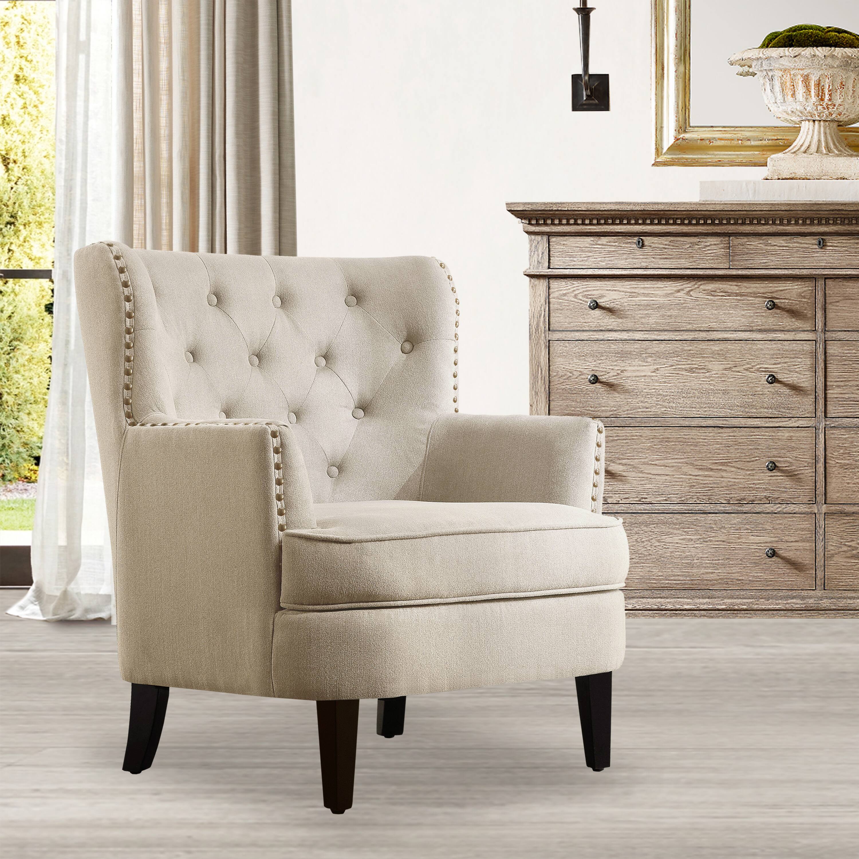 Alt View 3. Boyel Living - Velvet Button Tufted Accent Chair with Nailhead Trim and Solid Wood Legs - Beige.