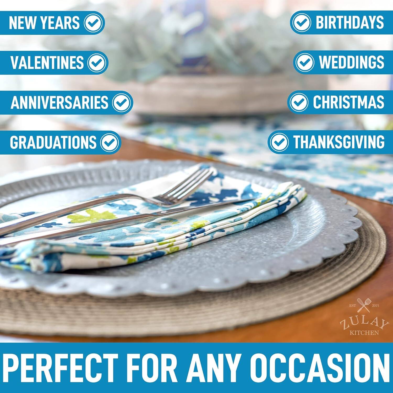 The text in the image can be grouped and corrected as follows:

**Occasions:**
- New Years
- Birthdays
- Valentines
- Weddings
- Anniversaries
- Graduations
- Christmas
- Thanksgiving

**Additional Information:**
- Perfect for any occasion
- Zulay Kitchen
- EST. 2015

The text "ANT X 2015" seems to be a typo or error and is not included in the corrected version.