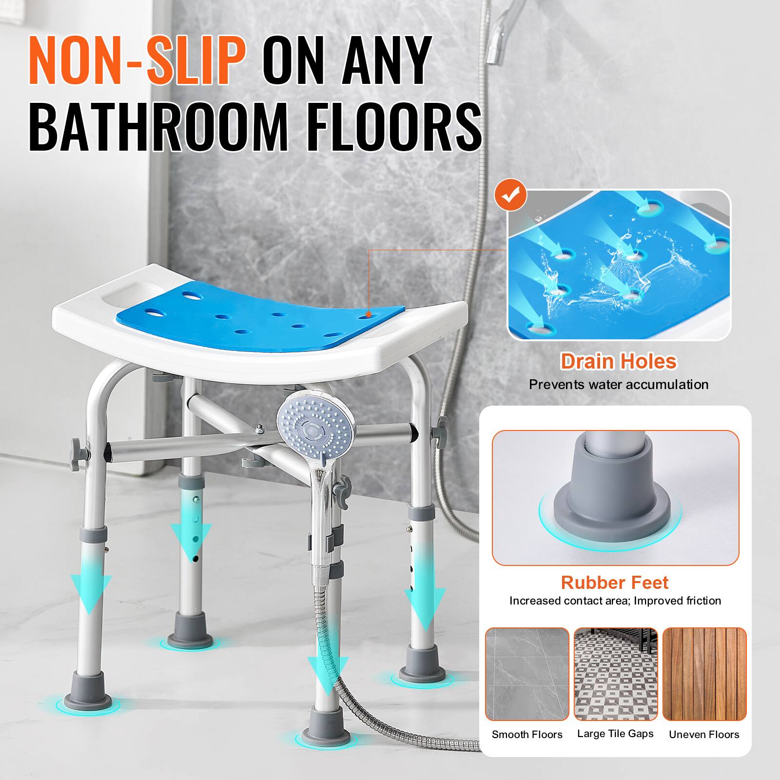 NON-SLIP ON ANY BATHROOM FLOORS
Drain Holes Prevents water accumulation
Rubber Feet Increased contact area. Improved friction
Smooth Floors Large Tile Gaps Uneven Floors