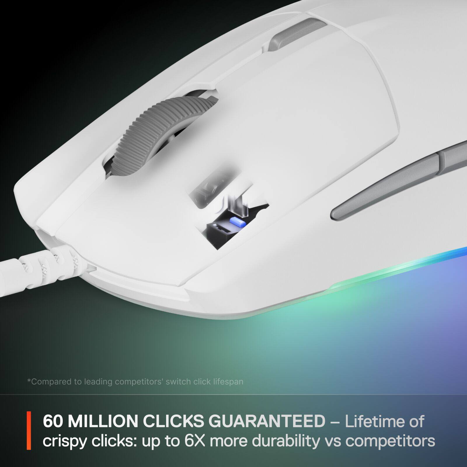 Compared to leading competitors' switch click lifespan, our product offers a 60 MILLION CLICKS GUARANTEED - Lifetime of crispy clicks: up to 6X more durability vs competitors.