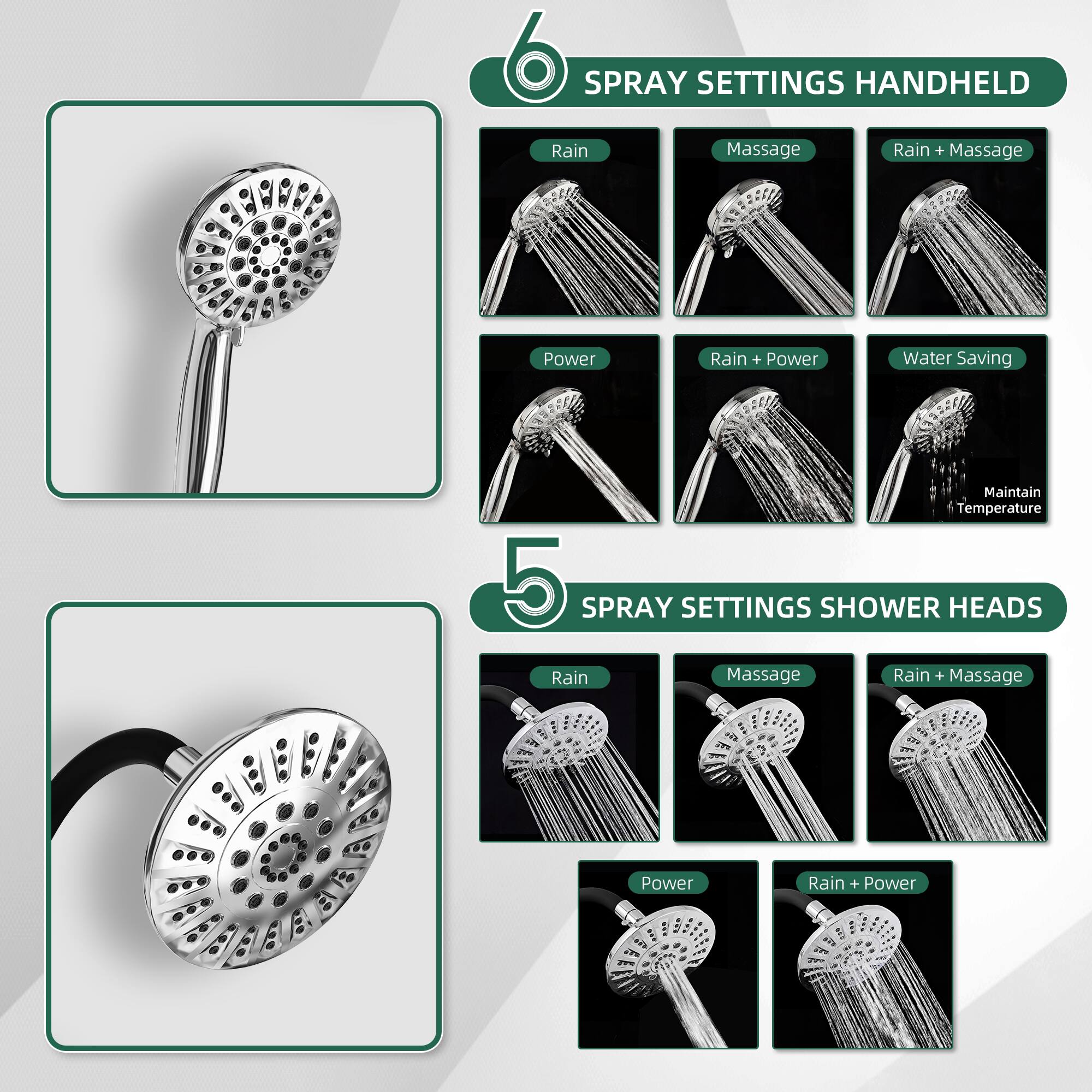 6 SPRAY SETTINGS HANDHELD  
- Rain  
- Massage  
- Rain + Massage  
- Power  
- Rain + Power  
- Water Saving  
- Maintain Temperature  

5 SPRAY SETTINGS SHOWER HEADS  
- Rain  
- Massage  
- Rain + Massage  
- Power  
- Rain + Power