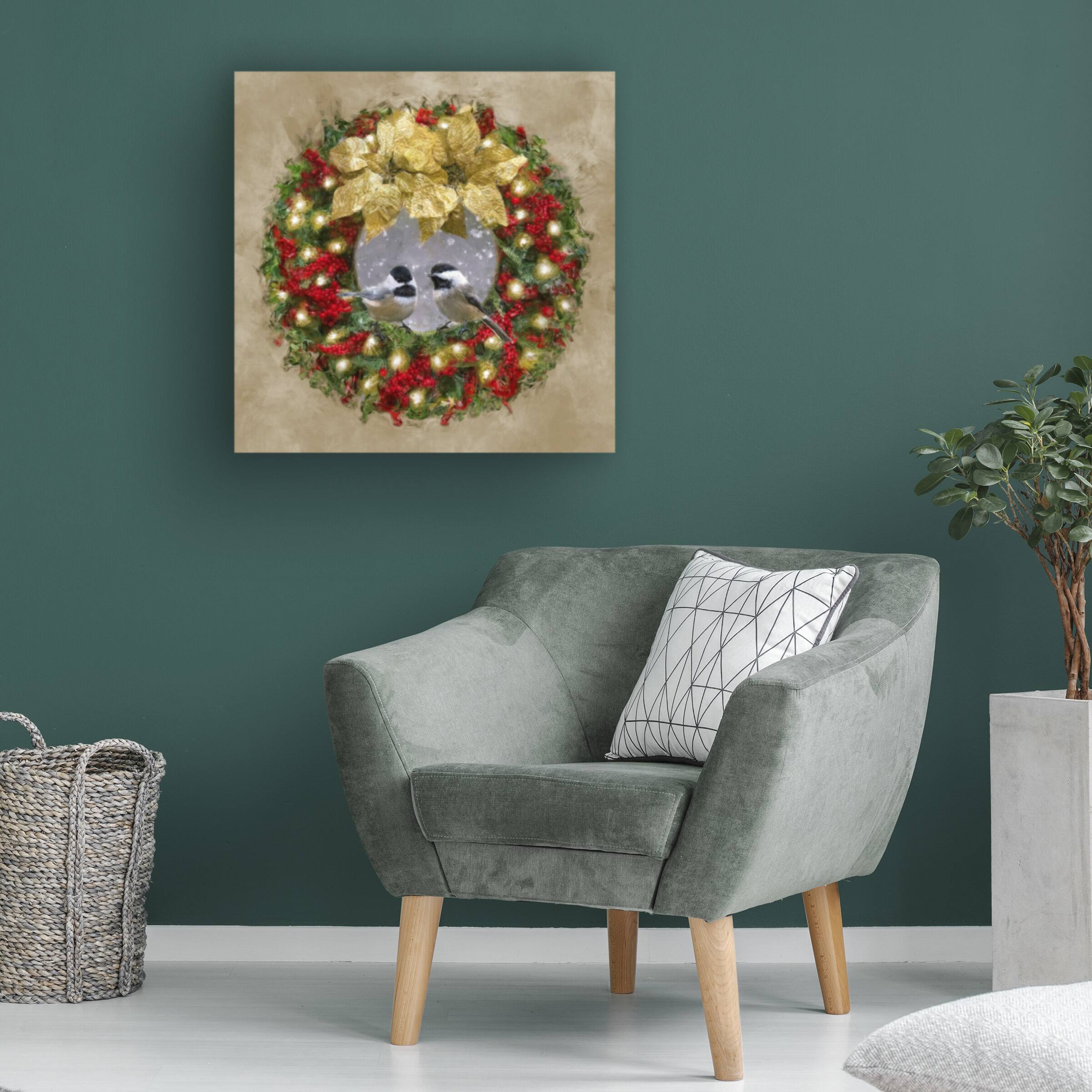 Left. Trademark Fine Art - Emma Eve Cunningham Chickadees In A Christmas Wreath Canvas Art - 35x35 - Multicolor.