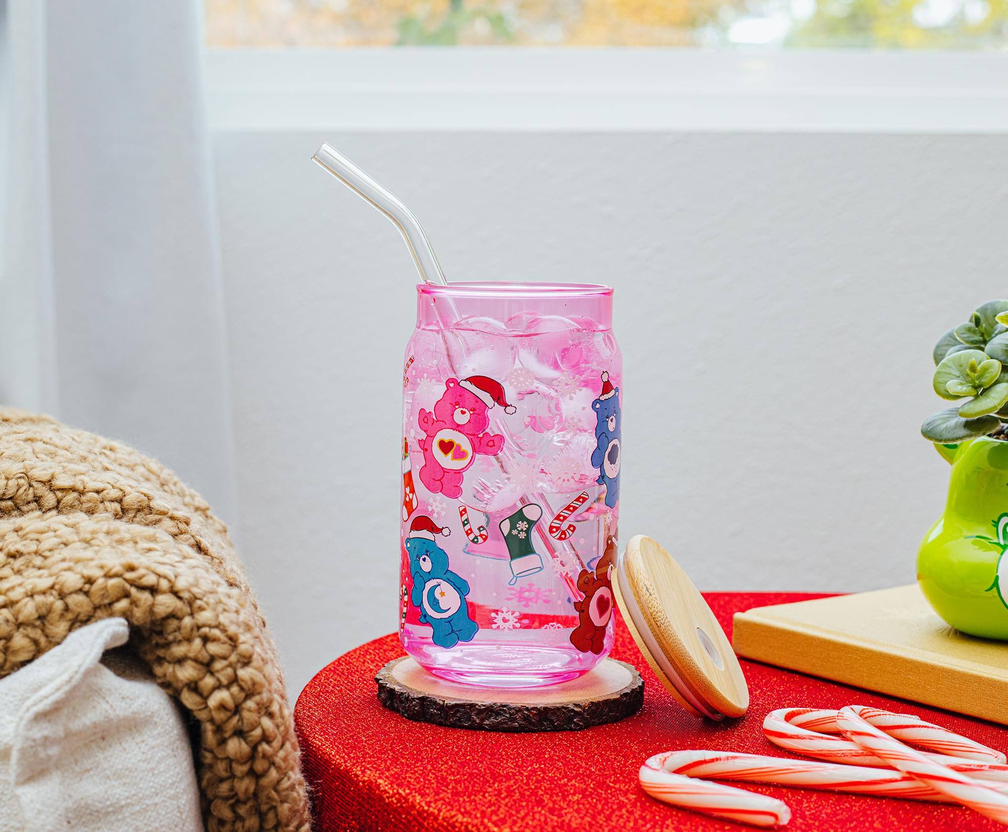 Alt View 3. Silver Buffalo - Care Bears Holiday Glass Tumbler With Bamboo Lid and Straw | Holds 16 Ounces - Pink.