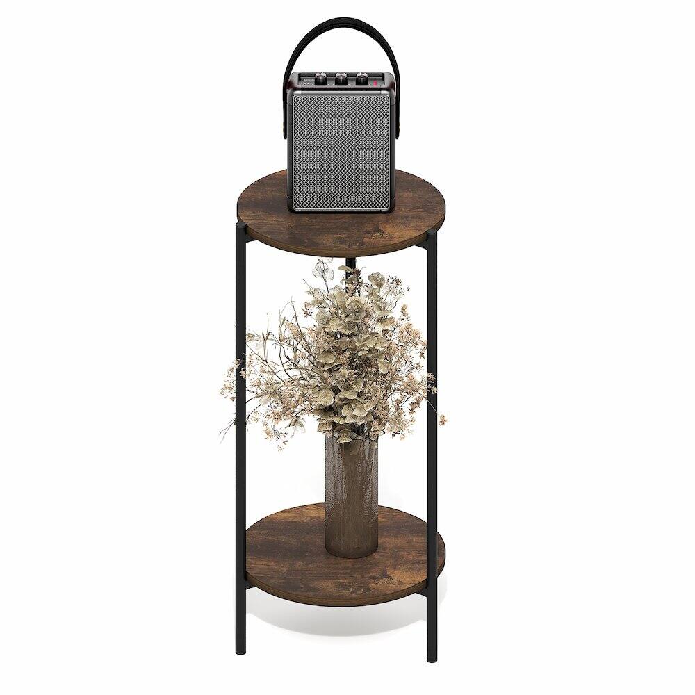 Back. Furinno - BESI Side Table, Tall Round Narrow End Table, Metal Frame Night Stand, Bedside Table with Open Shelf, Easy Assembly - Amber Pine.