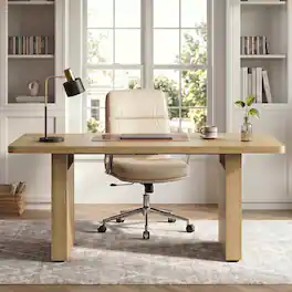 Bestier - 63" Large Modern Fluted Executive Desk, Multi-Purpose Computer Office & Dining Table with 1.5" Thick Top - Natual Oak