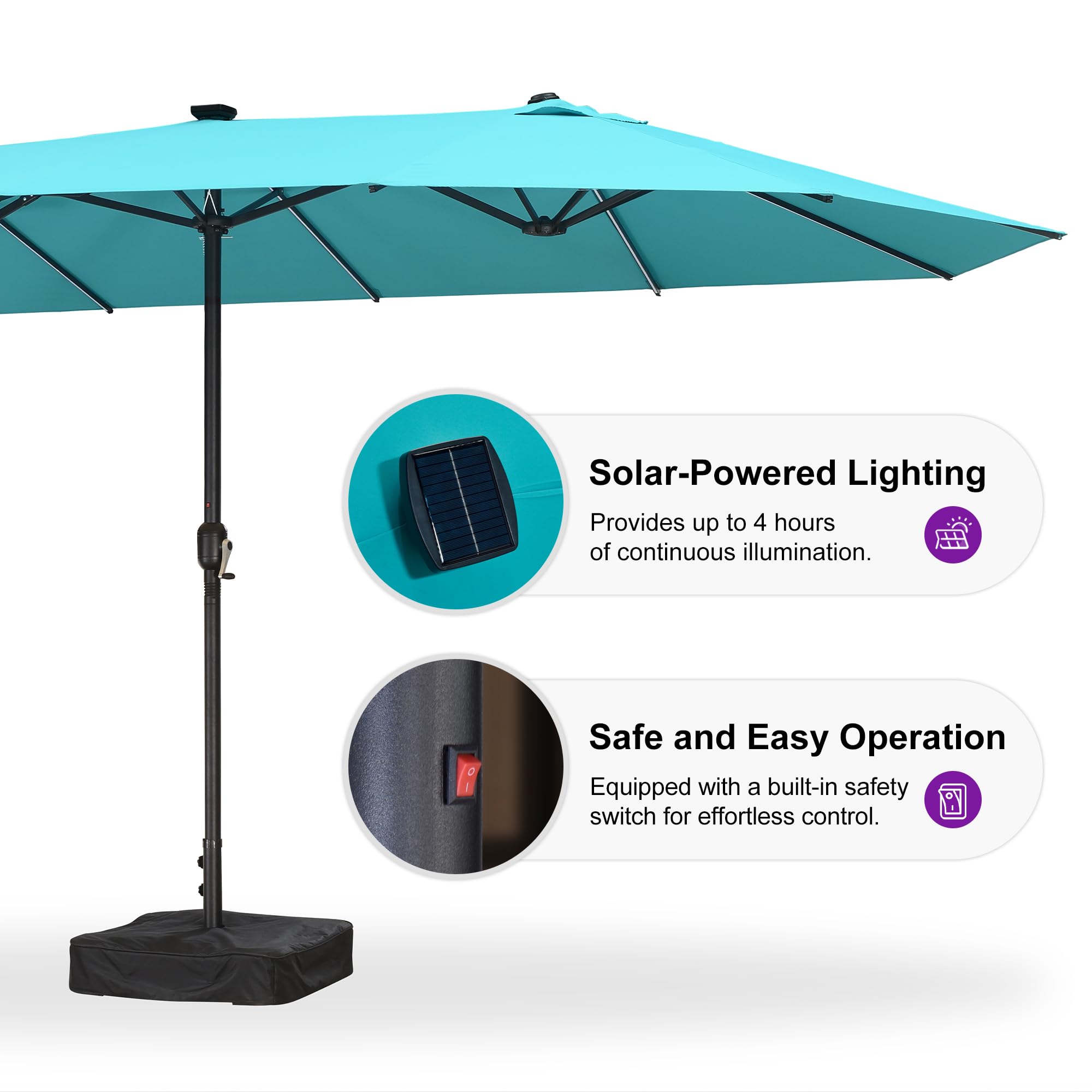Solar-Powered Lighting  
Provides up to 4 hours of continuous illumination.

Safe and Easy Operation  
Equipped with a built-in safety switch for effortless control.