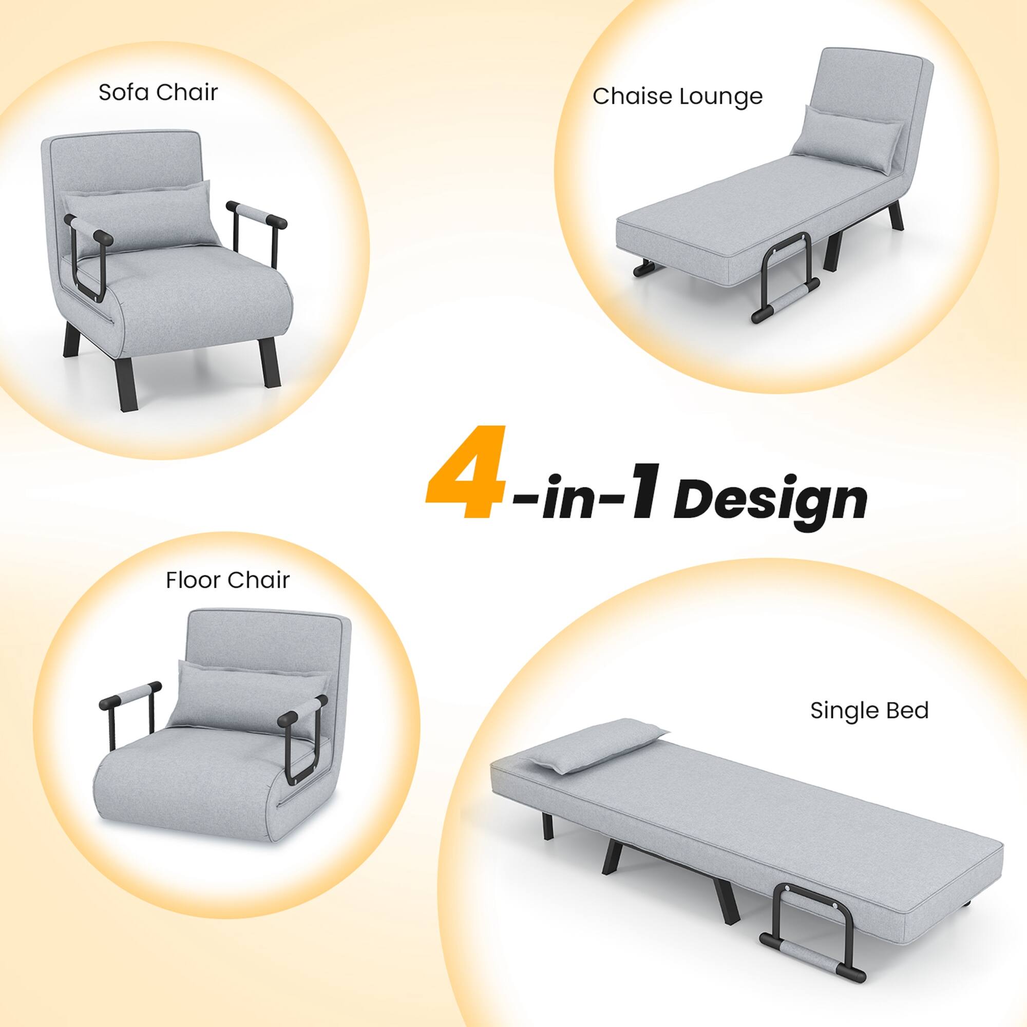 4-in-1 Design

- Sofa Chair
- Chaise Lounge
- Floor Chair
- Single Bed