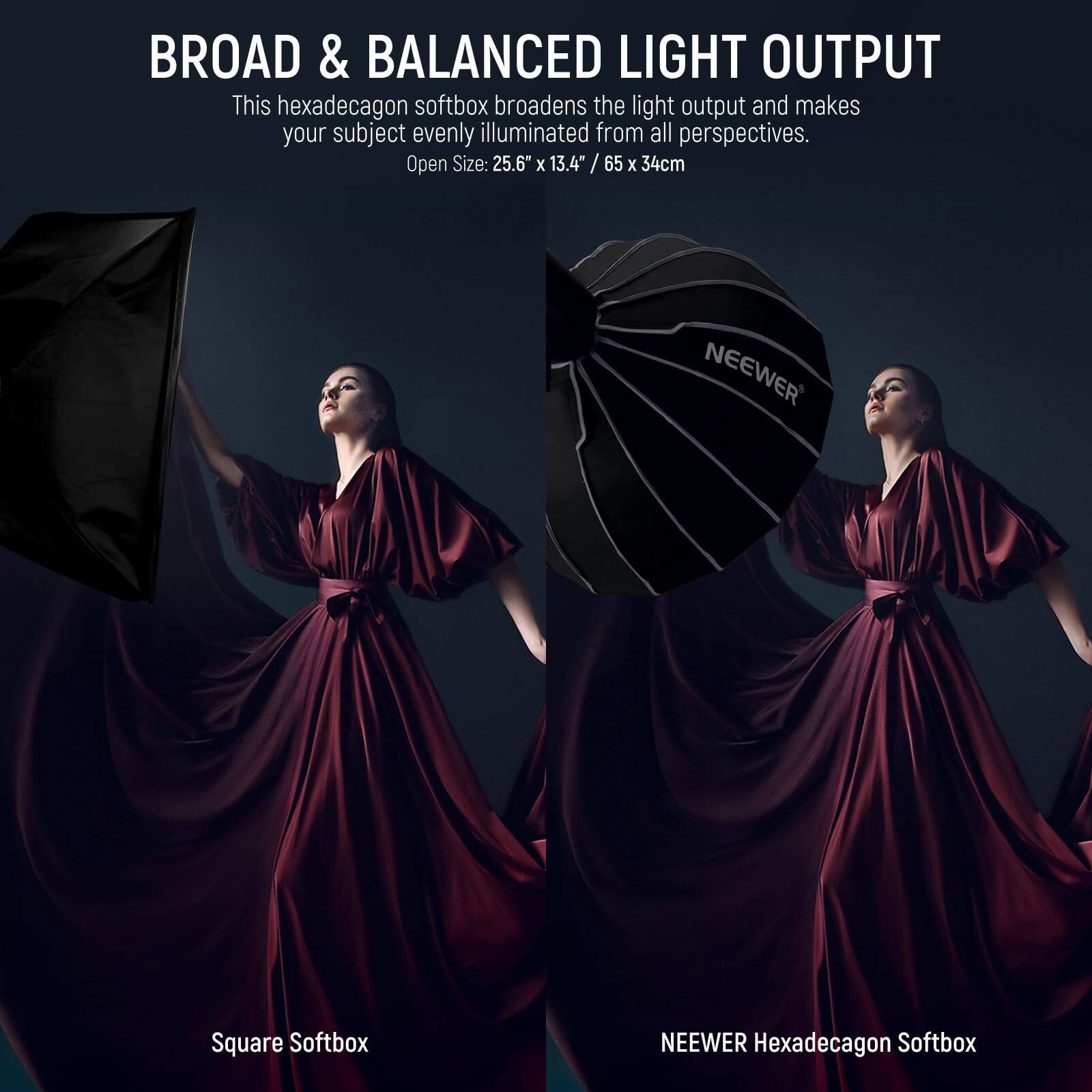 BROAD & BALANCED LIGHT OUTPUT  
This hexadecagon softbox broadens the light output and makes your subject evenly illuminated from all perspectives.  
Open Size: 25.6" x 13.4" / 65 x 34cm  

NEEWER Square Softbox  
NEEWER Hexadecagon Softbox