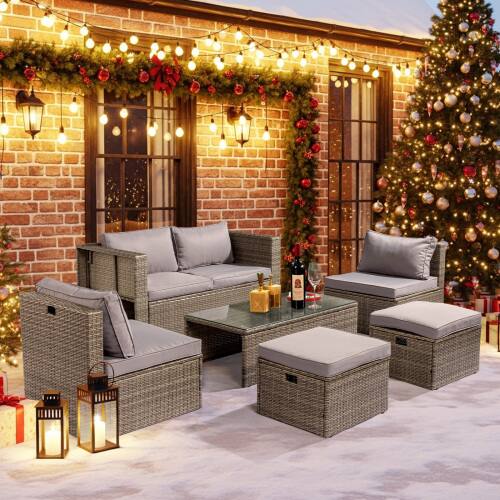 Alt View 10. Winado - 6PCS Patio Rattan Wicker Furniture Set w/ Ottoman, Coffee Table Sectional Nested Design for In/Outdoor Poolside Backyard - Gray.
