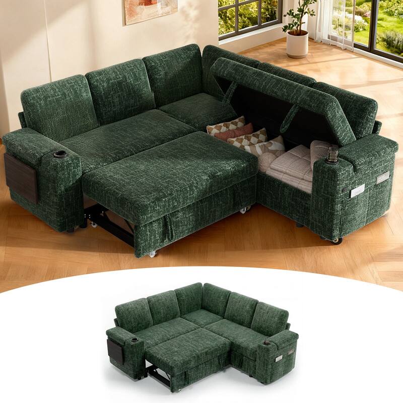 Angle. Dyonery - 85" Modular Sectional Sofa with Pull Out Bed,Chenille Fabric 5 Seat Sectional Sofa with Storage,for Living Room - Green.