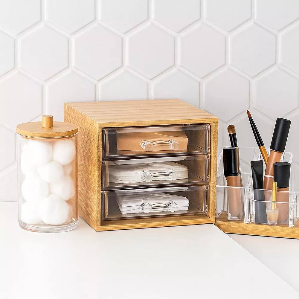 Left. Elle - Bamboo Cotton Swab & Ball Organizer w/ 3 Acrylic Drawers, Lightweight Nonslip Storage Box for Personal Care Essentials - Clear/Natural Bamboo.