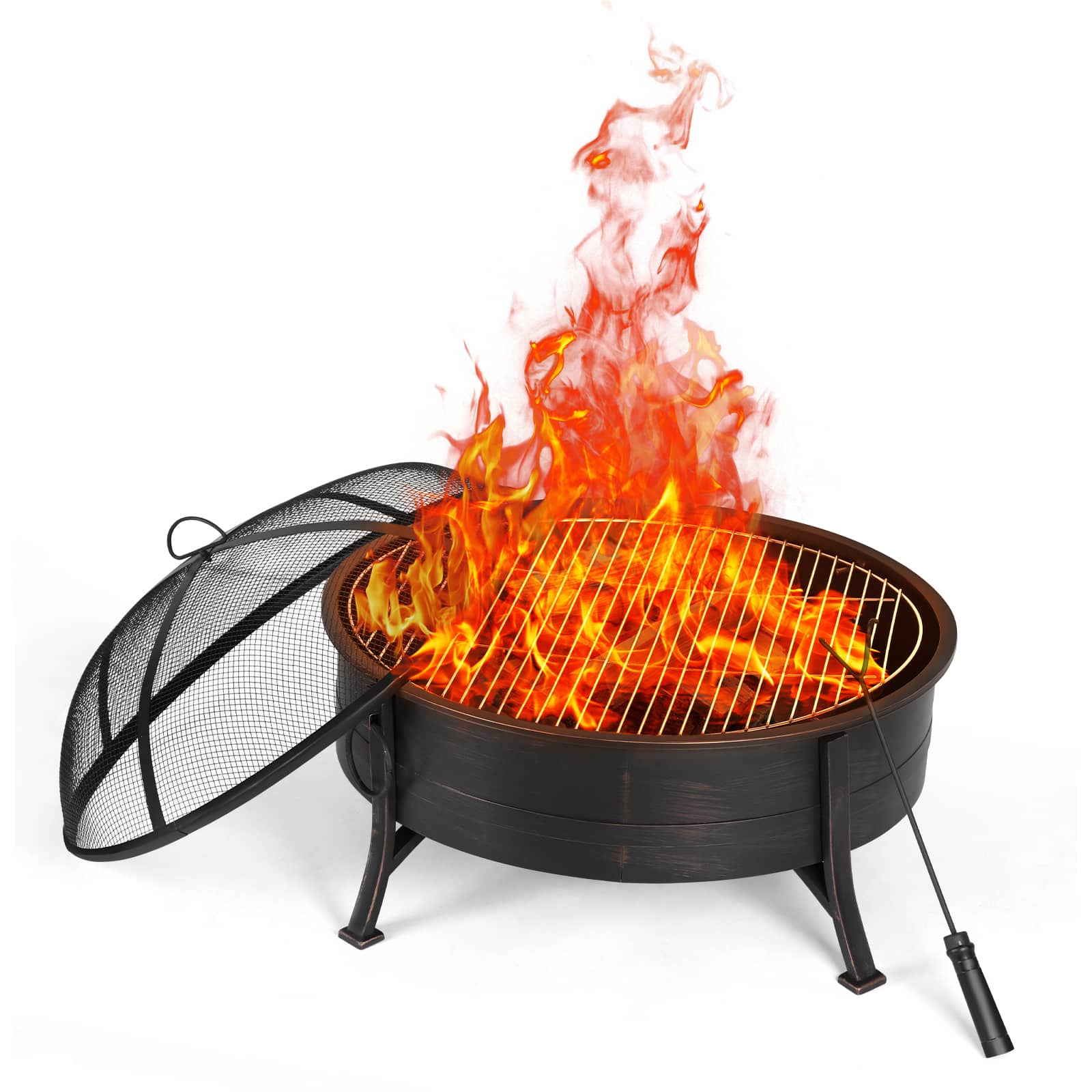 Oumilen - 33" Round Outdoor Fire Pit with Grill & Spark Screen, Bronze Finish