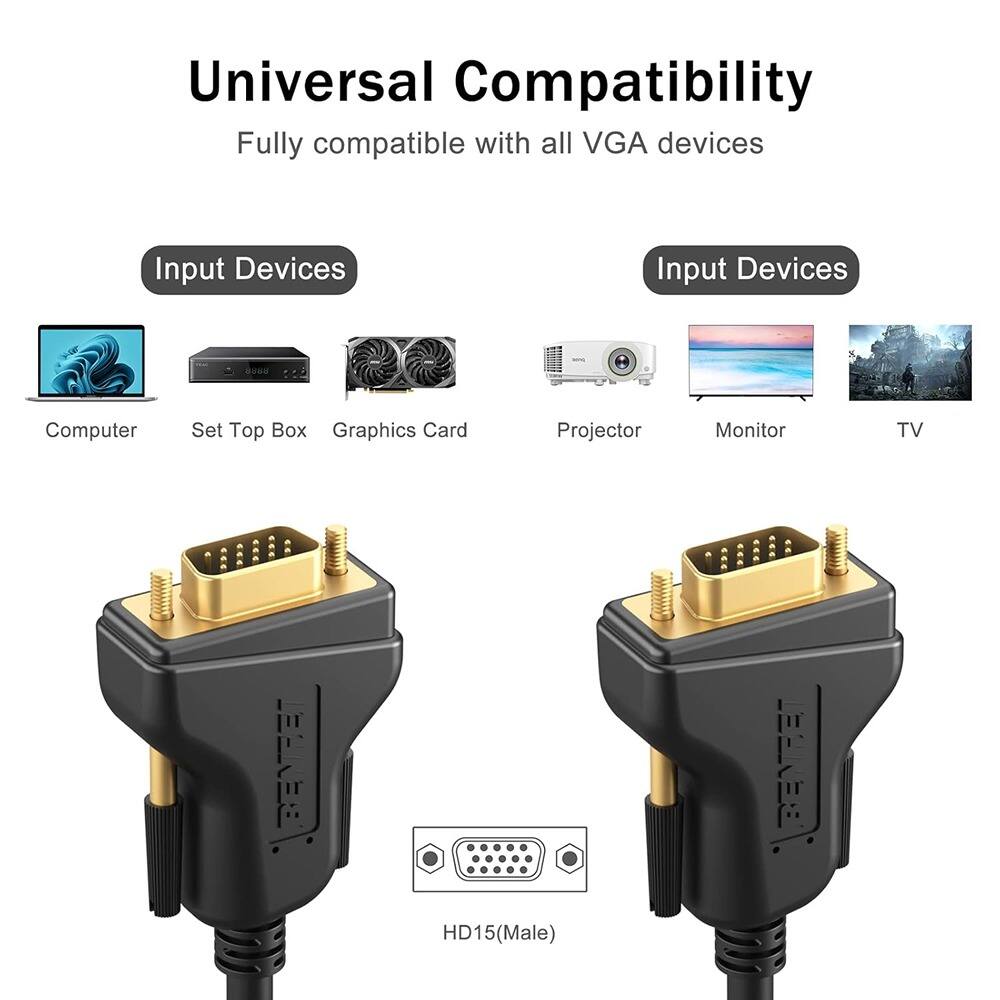 Universal Compatibility  
Fully compatible with all VGA devices

Input Devices  
Computer  
Set Top Box  
Graphics Card  
Projector  
Monitor  
TV  

HD15(Male)