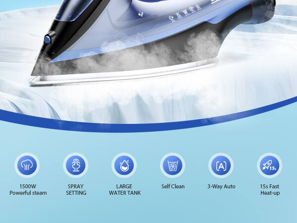 2 ol ft Ir 15: 1500W Powerful steam SPRAY SETTING LARGE WATER TANK Self Clean 3-Way Auto 15s Fast Heat-up