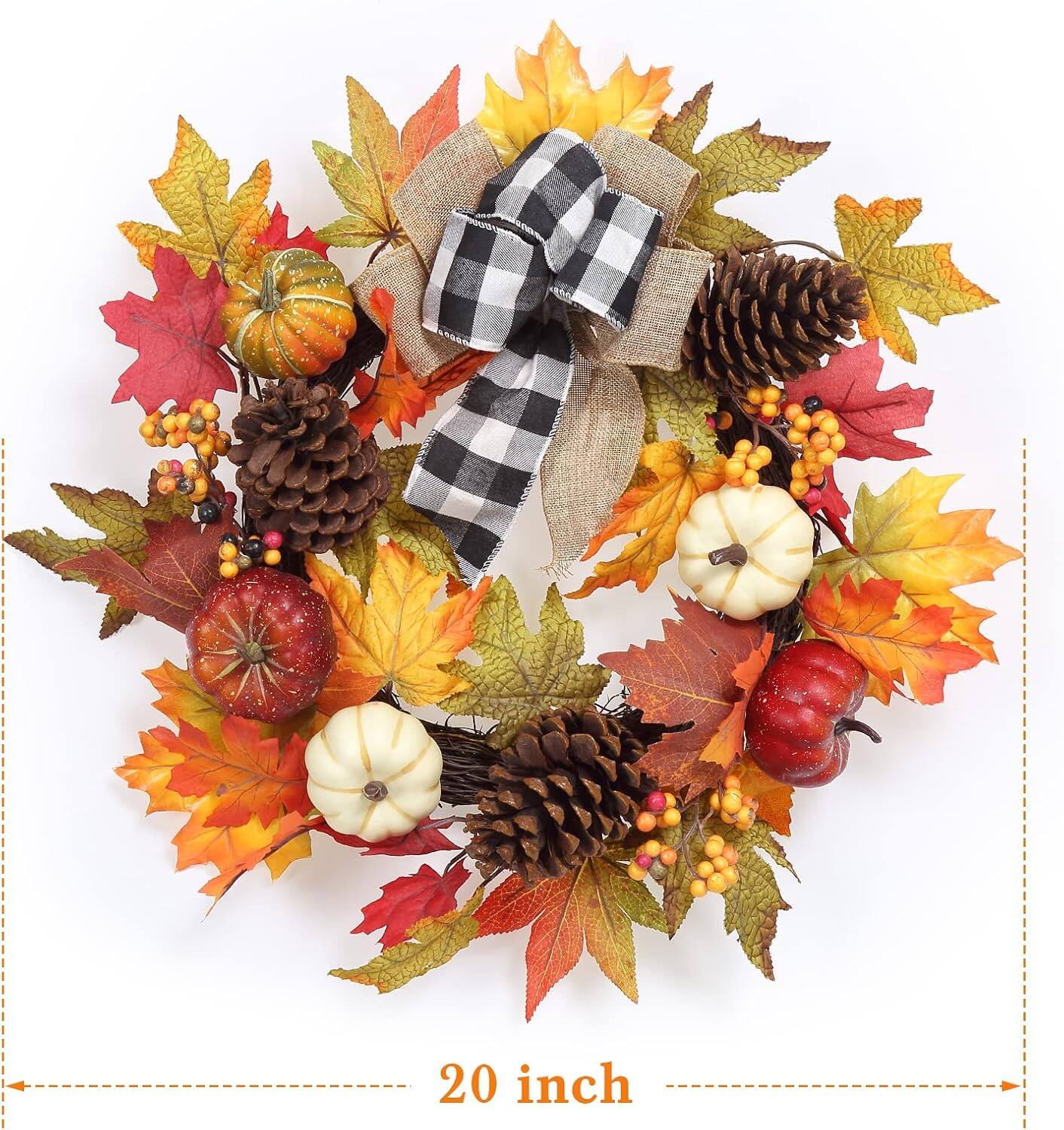 Alt View 4. GARVEE - 20" Fall Wreath for Front Door, Artificial Maple Leaves, Pumpkin, Pinecones & Berries, Black and White Plaid Ribbon - Green.