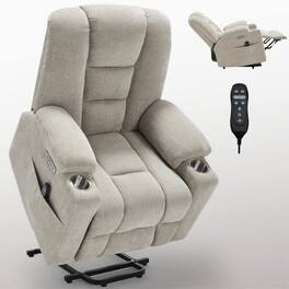 Kadyn - Power Lift Recliner Chair, Massage & Heat, Dual USB Ports, Cup Holders, 155° Recline - Beige