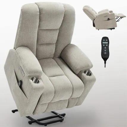 Front. Kadyn - Power Lift Recliner Chair, Massage & Heat, Dual USB Ports, Cup Holders, 155° Recline, Beige - Beige.