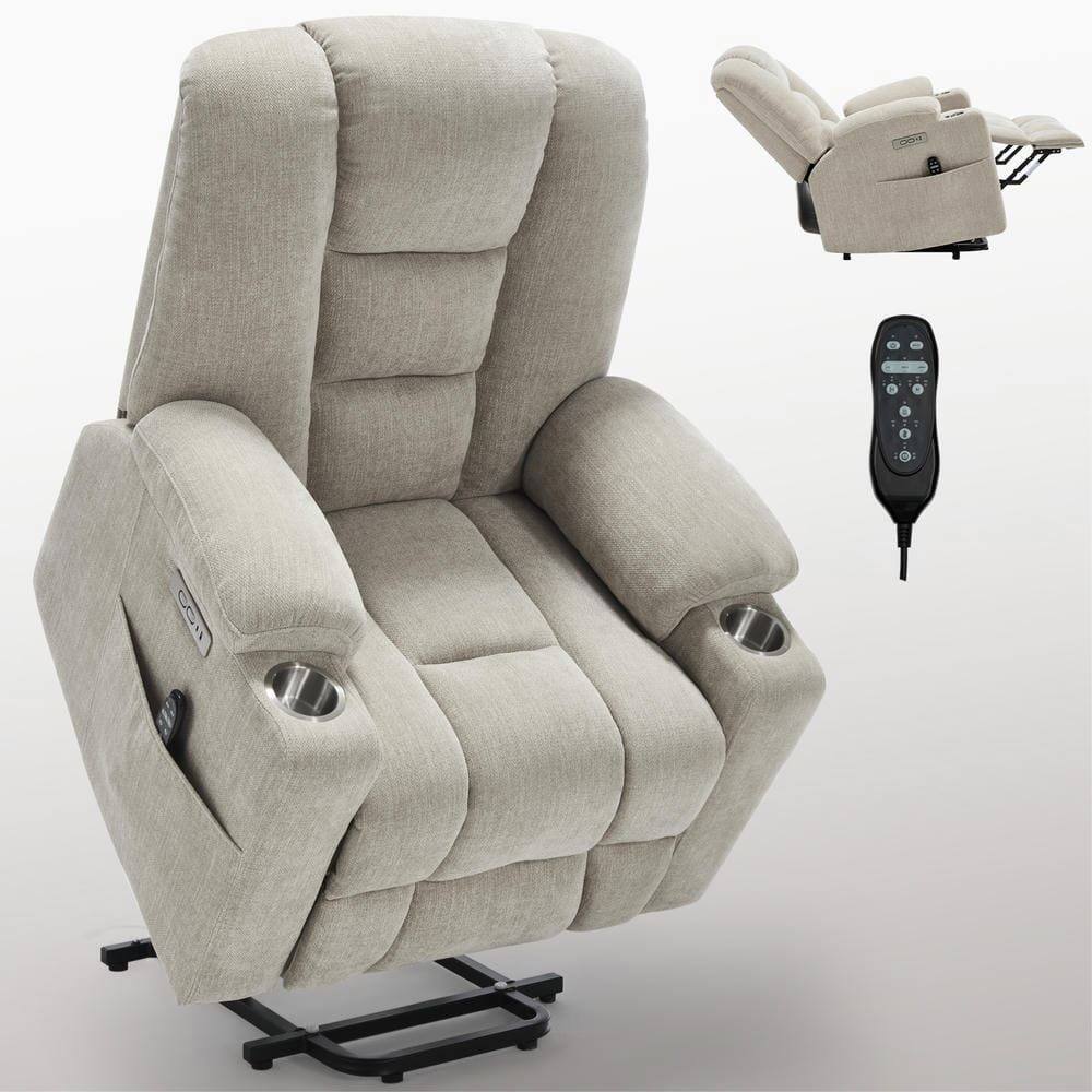 Front. Kadyn - Power Lift Recliner Chair, Massage & Heat, Dual USB Ports, Cup Holders, 155° Recline, Beige - Beige.