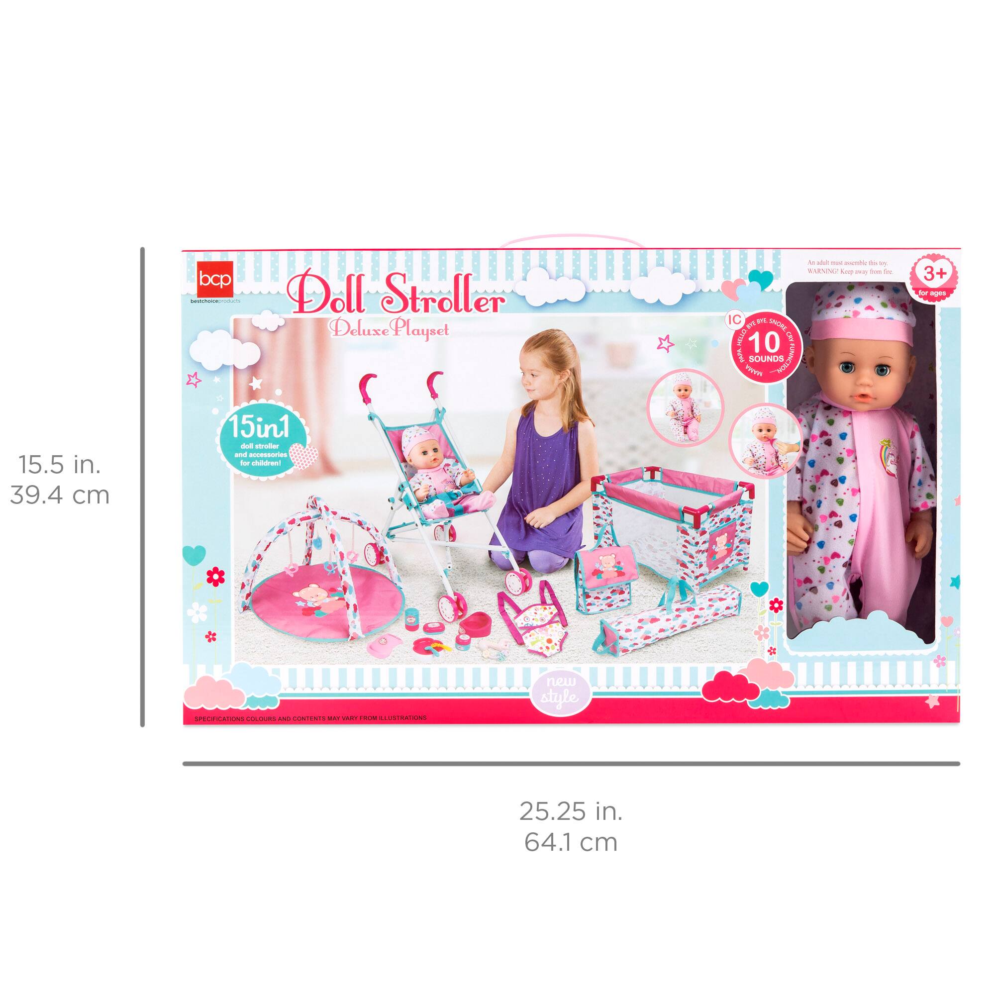 Doll Stroller Deluxe Playset

15in1
- Doll stroller
- Tent
- Accessories

15.5 in. 39.4 cm

25.25 in. 64.1 cm

10 Sounds

3+ years

New style

WARNING: Keep away from fire.