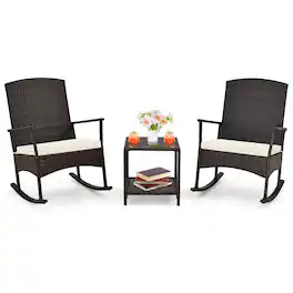 Costway - 3 Piece Patio Rocking Set Wicker Rocking Chairs with 2-Tier Coffee Table - Off White