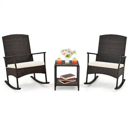 Front. Costway - Costway 3 Piece Patio Rocking Set Wicker Rocking Chairs with 2-Tier Coffee Table Off White - Off White.