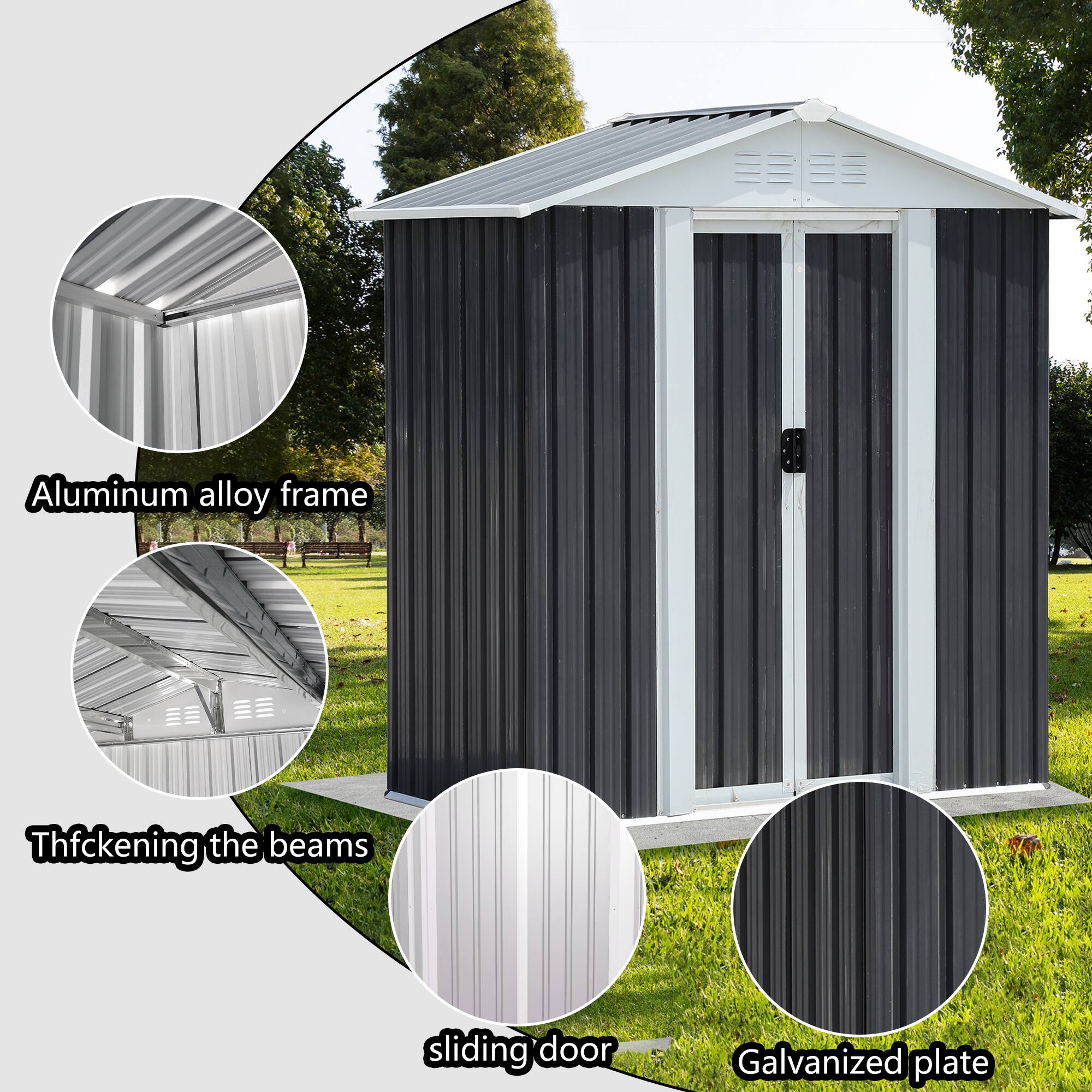 Alt View 1. TinyHomie - 5 x 3FT Grey Sliding Door Garden Shed for Outdoors Storage Apex Roof Design.