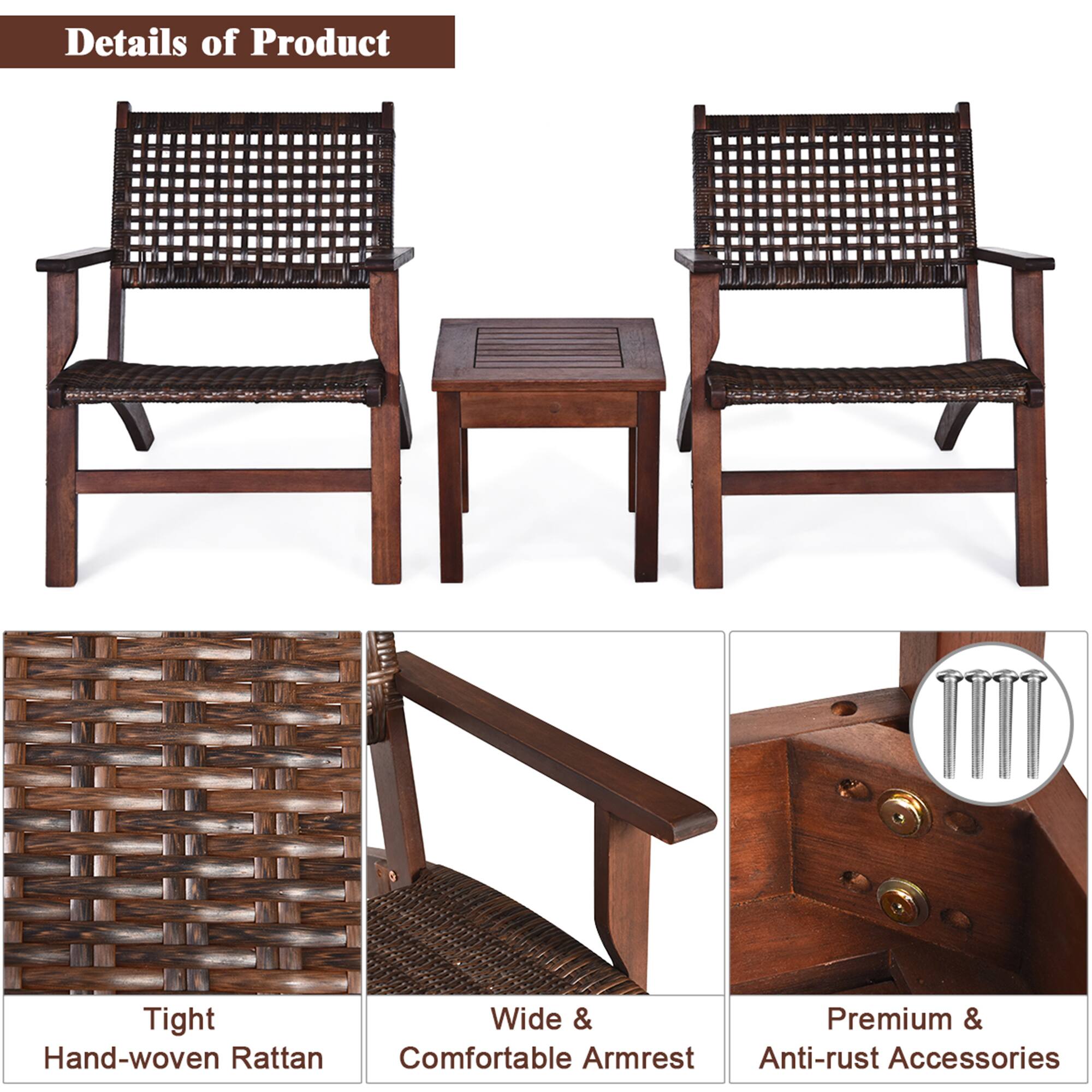 Details of Product
Tight Hand-woven Rattan
Wide & Comfortable Armrest
Premium & Anti-rust Accessories
