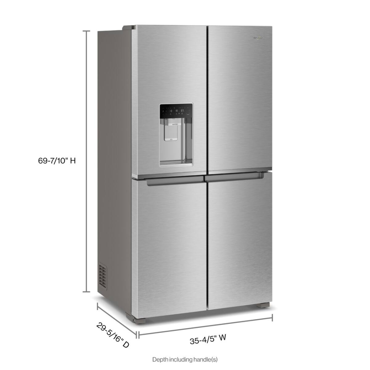 Sure, here is the corrected and grouped text:

- Height (H): 69-7/10"
- Depth (D): 29-5/16"
- Width (W): 35-4/5"
- Depth including handle(s)