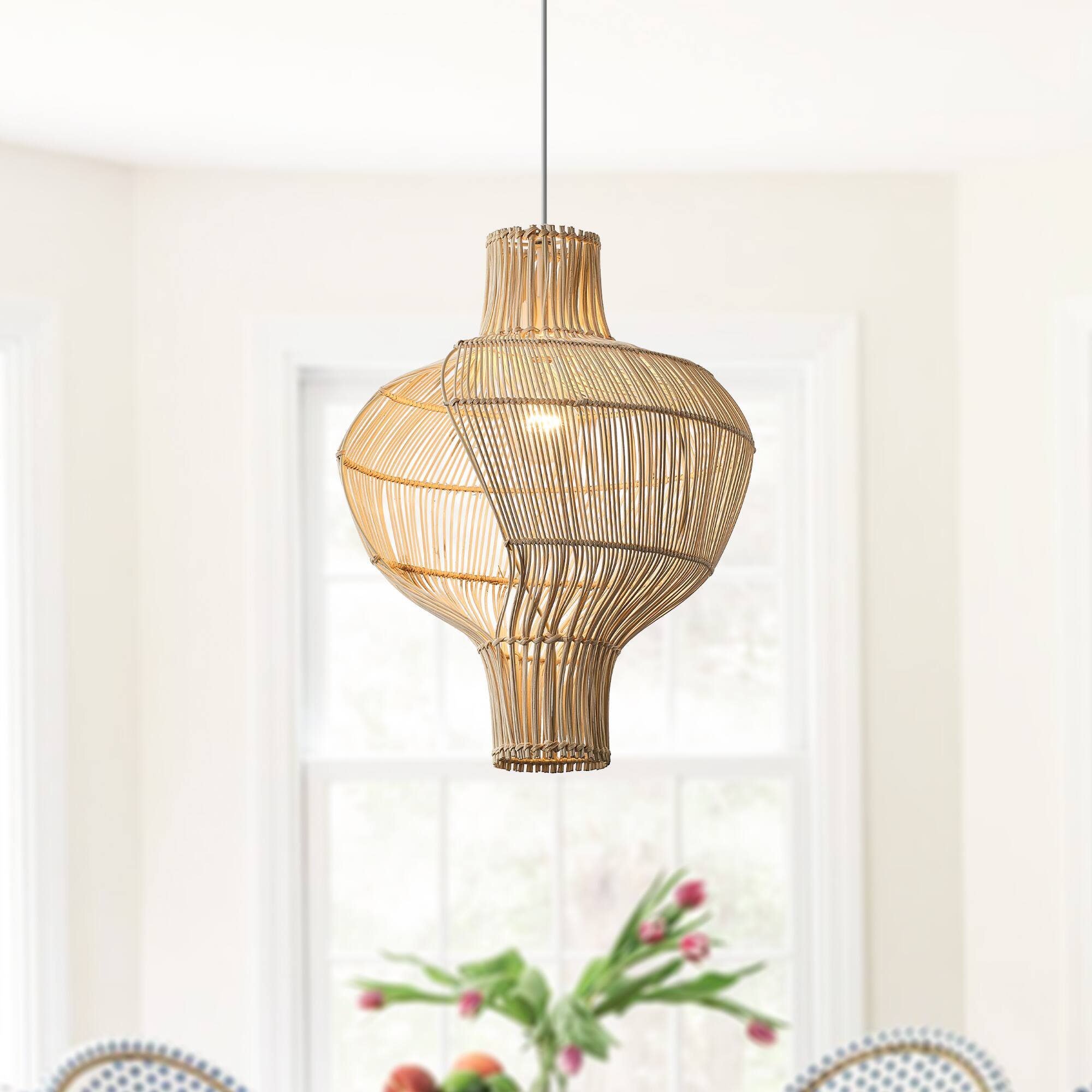 Alt View 2. Vaczon - Bohemian Rattan Gourd Pendant Chandelier – Fixed Hanging Line Ceiling Light for Home Decor and Ambient Lighting - Light Beige.