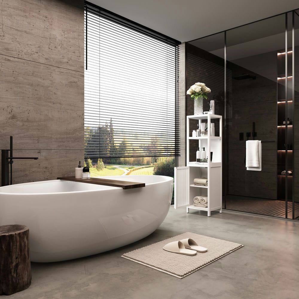 Alt View 1. Kadyn - A 52-foot-tall White linen tower bamboo storage cabinet, Suitable for main living spaces - White.