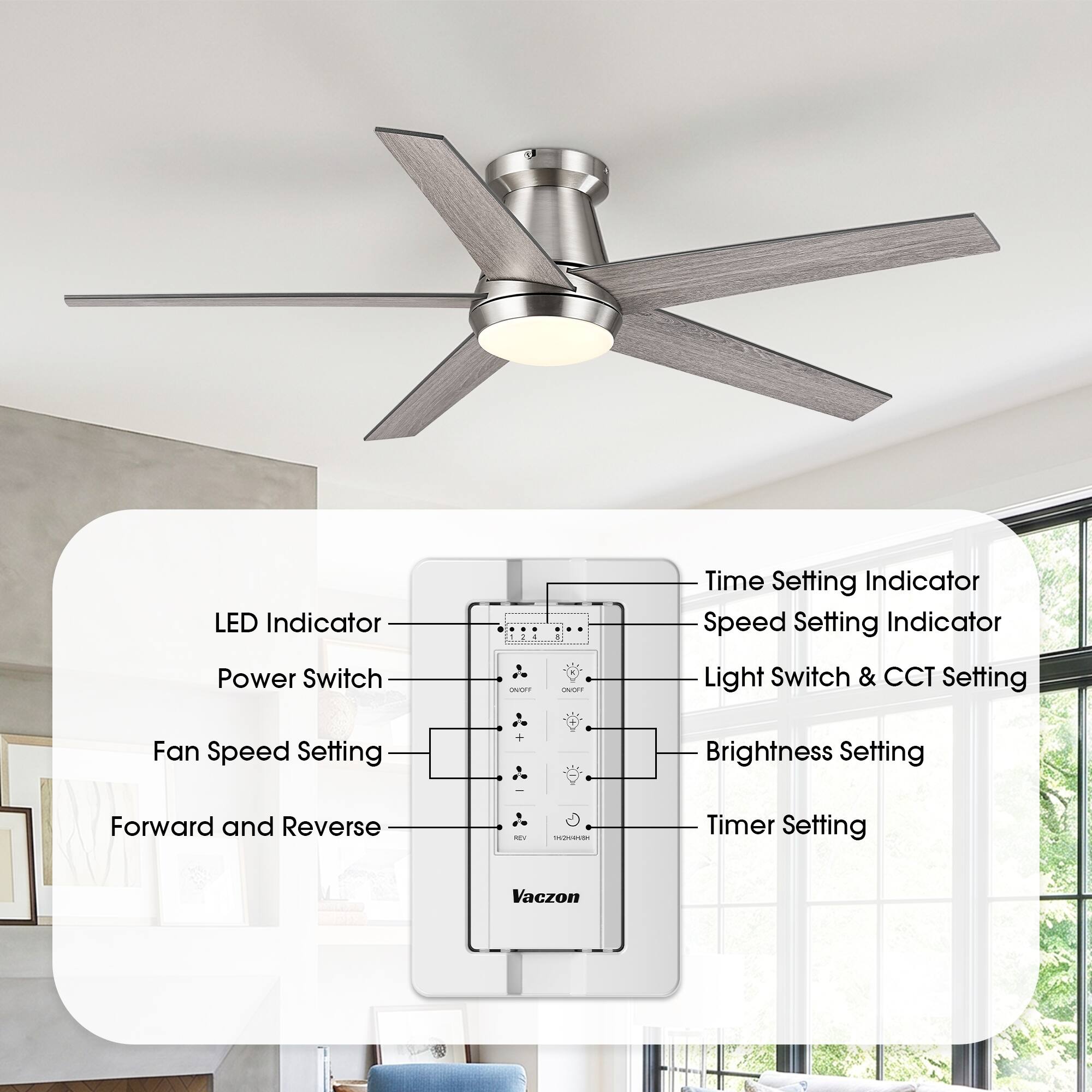 LED Indicator  
5g  
I  
Time Setting Indicator  
Speed Setting Indicator  
Power Switch  
DNOFF  
OVOFF  
Light Switch & CCT Setting  
Fan Speed Setting  
Brightness Setting  
Forward and Reverse  
ROFU  
SUCH  
Timer Setting  
Vaczon