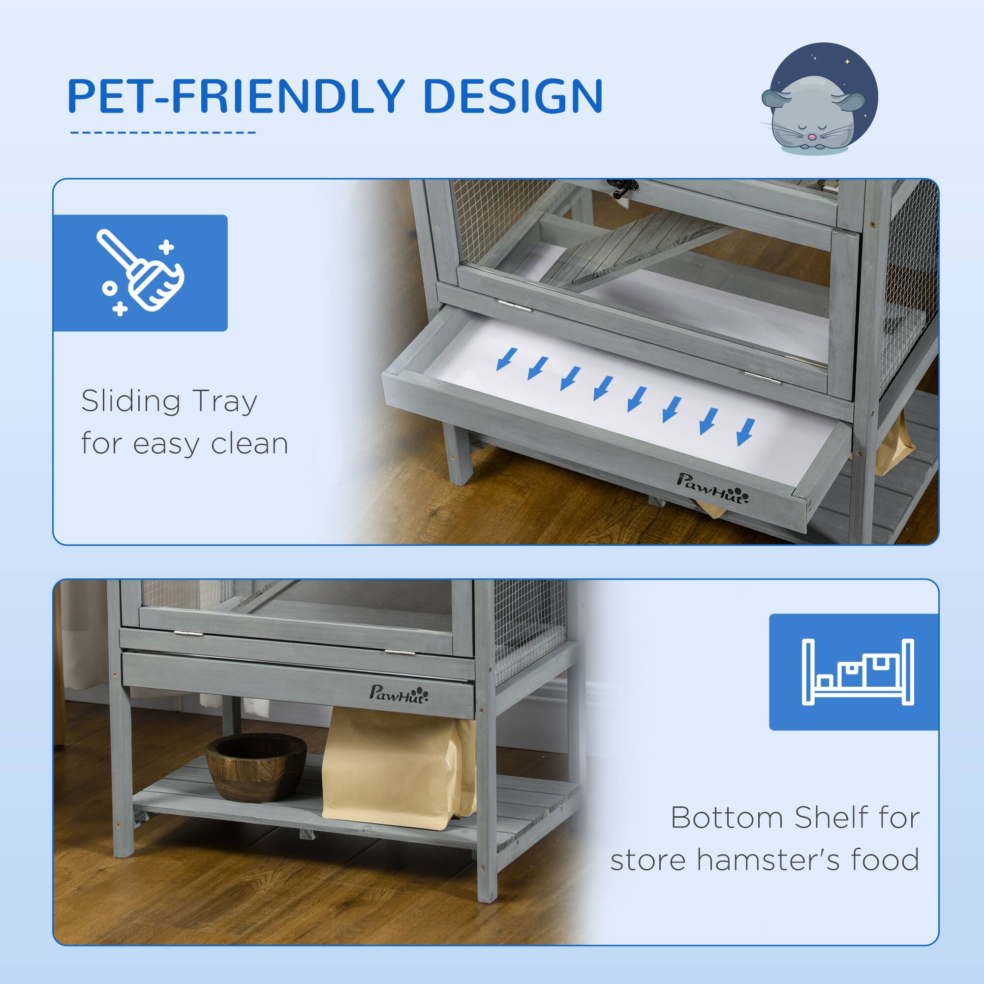 PET-FRIENDLY DESIGN

Sliding Tray for easy clean

Bottom Shelf for store hamster's food