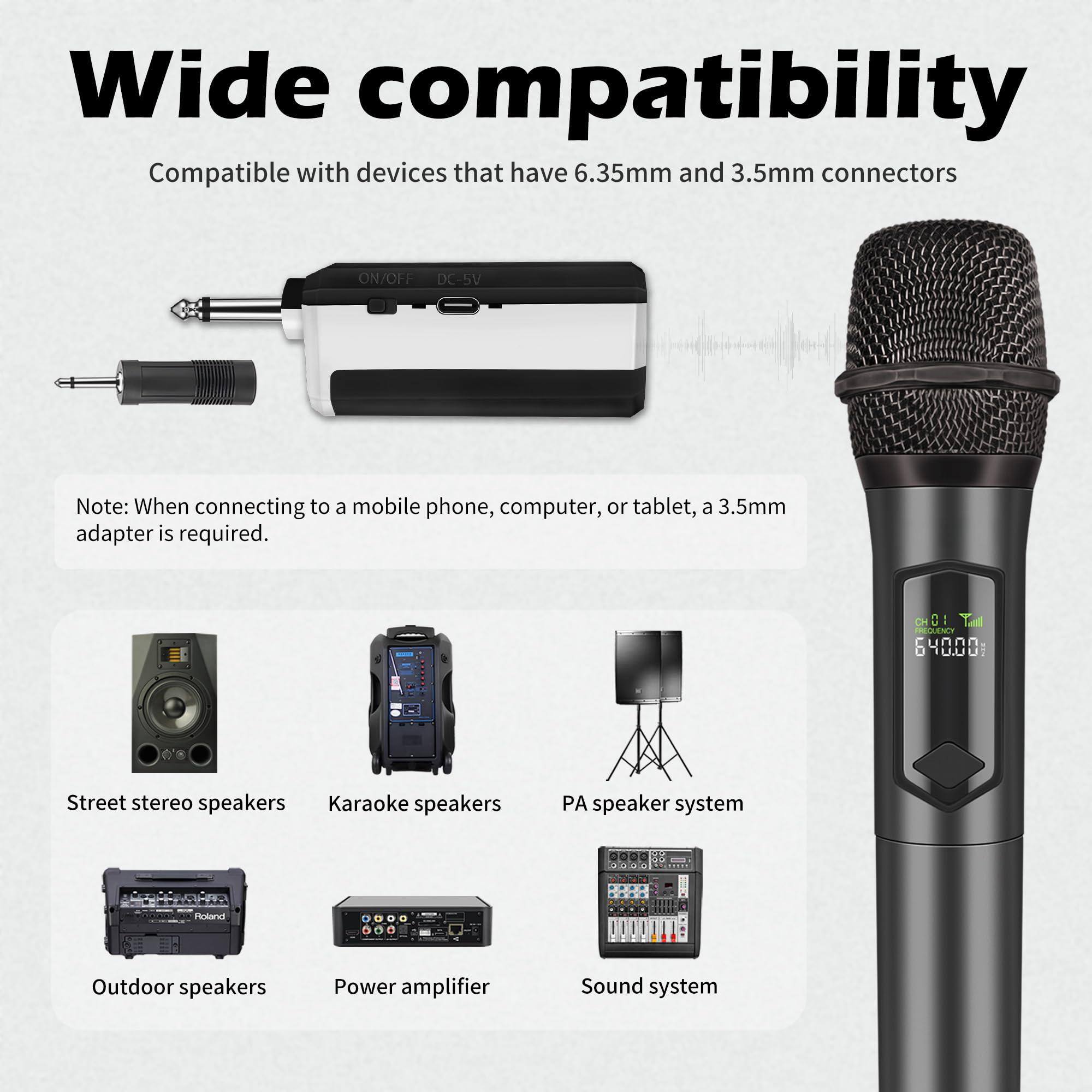 Wide compatibility  
Compatible with devices that have 6.35mm and 3.5mm connectors  

Note: When connecting to a mobile phone, computer, or tablet, a 3.5mm adapter is required.  

Street stereo speakers  
Karaoke speakers  
PA speaker system  
Outdoor speakers  
Power amplifier  
Sound system