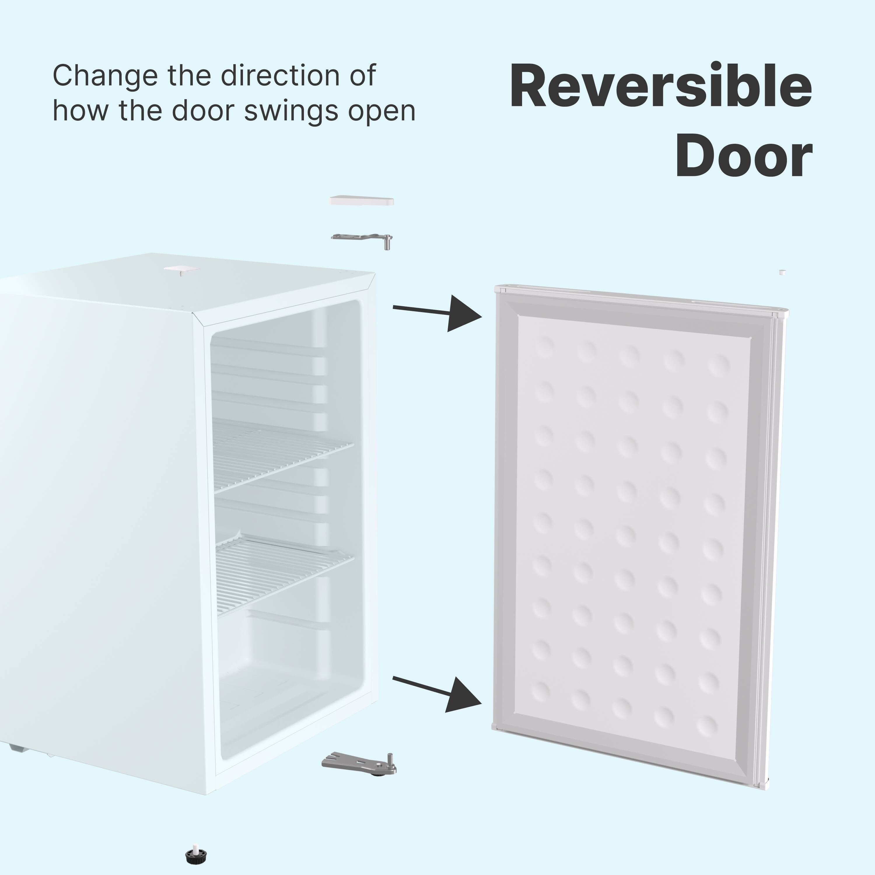 Change the direction of how the door swings open

Reversible Door