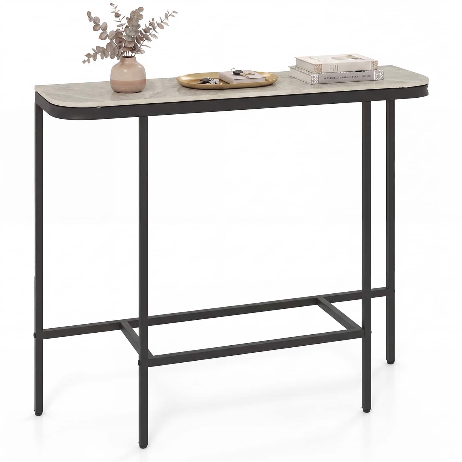 Costway - Entryway Table with Faux Marble Top and Metal Frame, Behind Couch Table for Hallway - Gray/Black